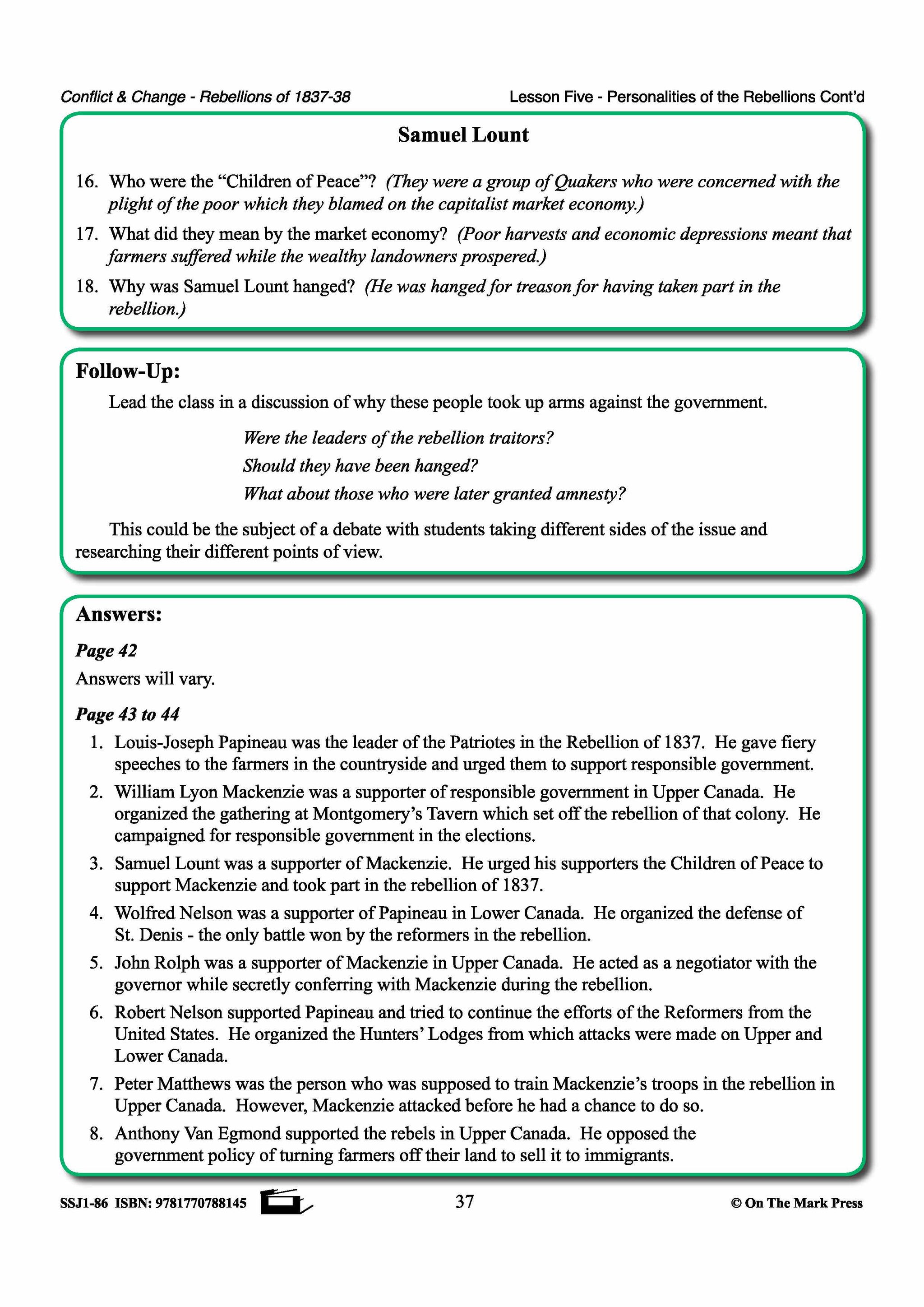 Personalities Of The Rebellions In Upper Canada Gr. 7-8