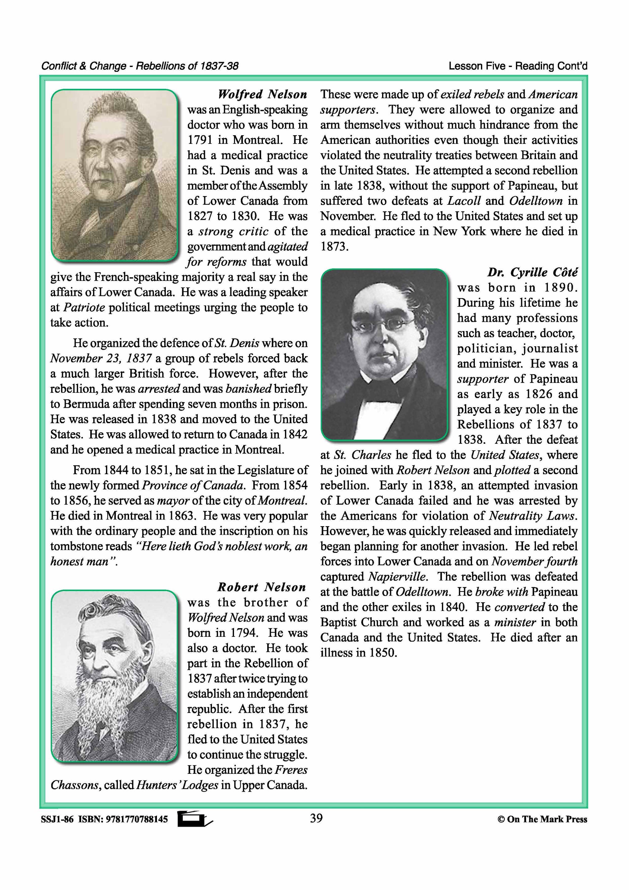 Personalities Of The Rebellions In Upper Canada Gr. 7-8