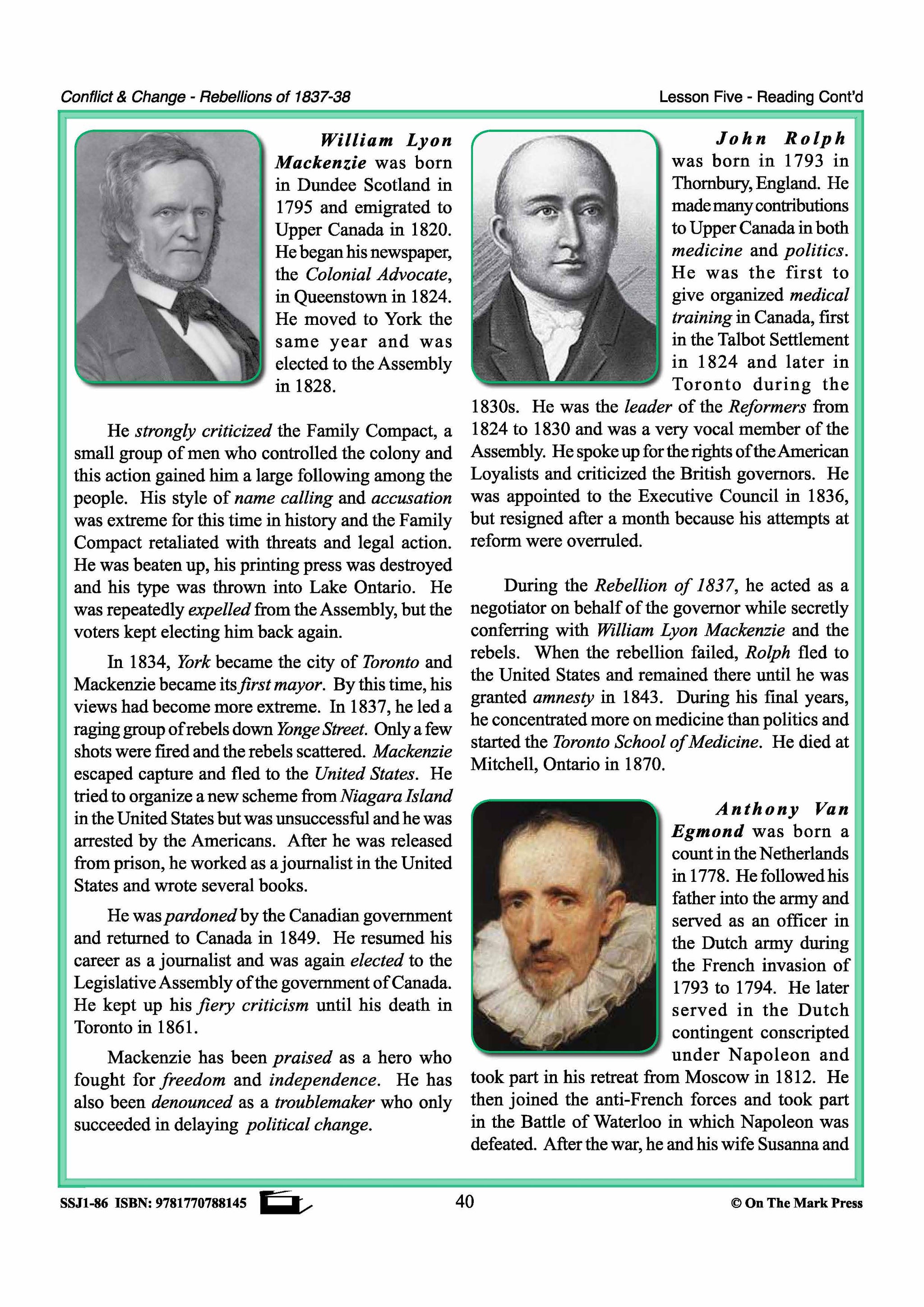 Personalities Of The Rebellions In Upper Canada Gr. 7-8