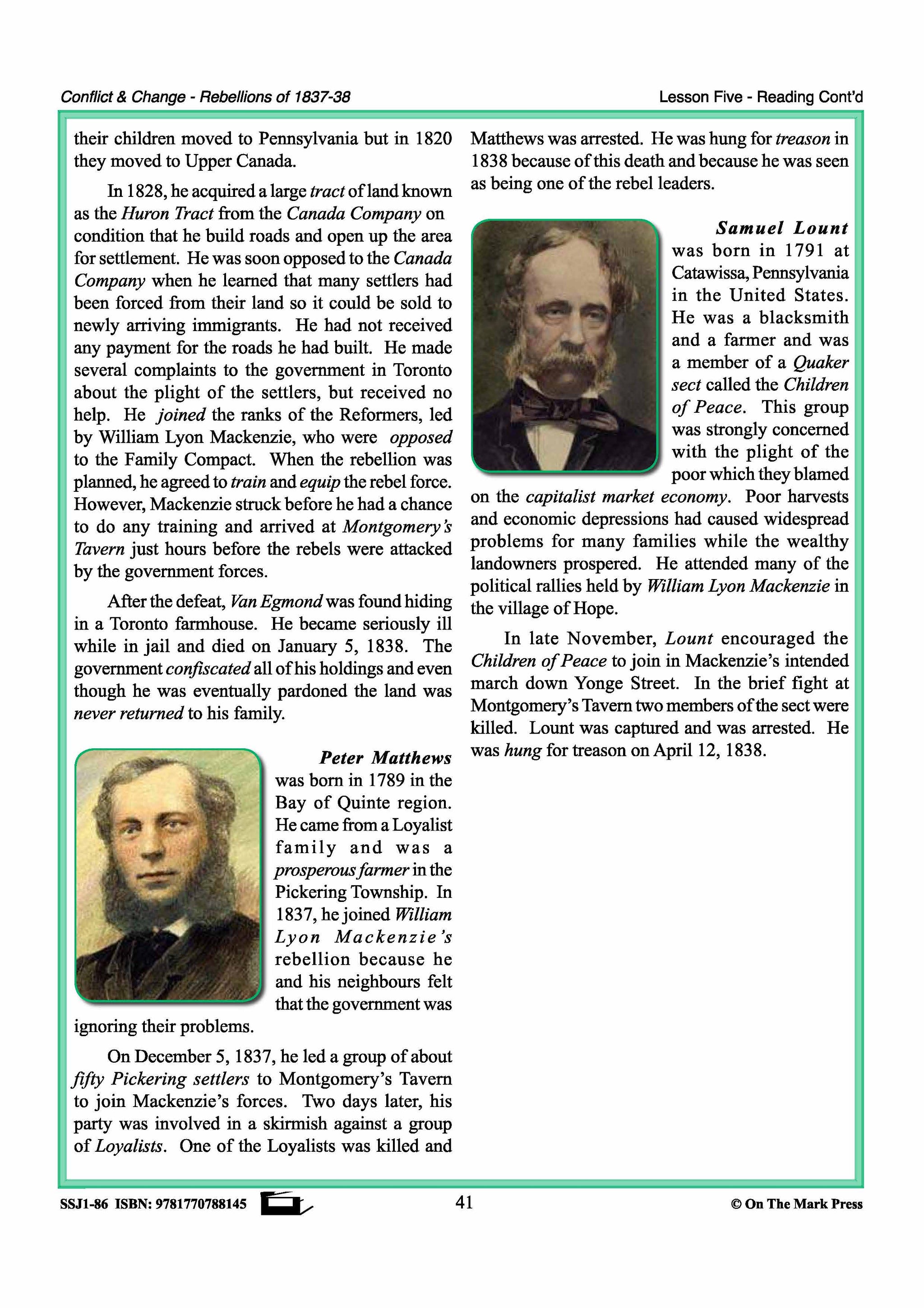 Personalities Of The Rebellions In Upper Canada Gr. 7-8