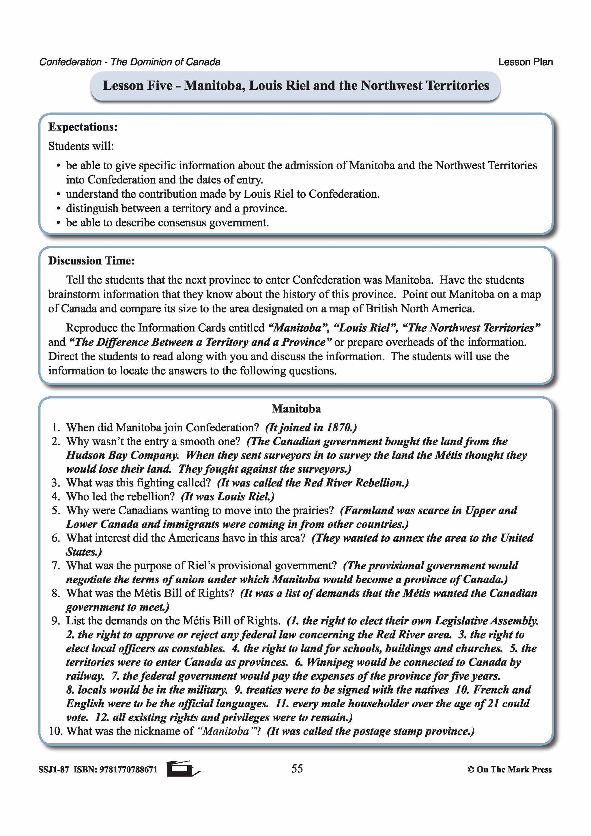Manitoba, Louis Riel and the Northwest Territories Lesson Grades 7-8