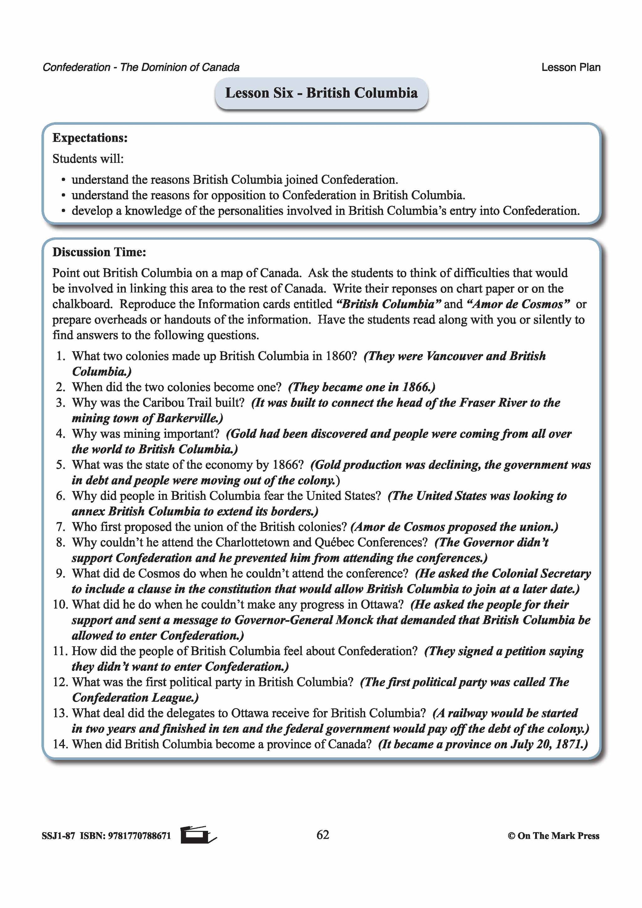 British Columbia Joins Confederation Lesson Grades 7-8