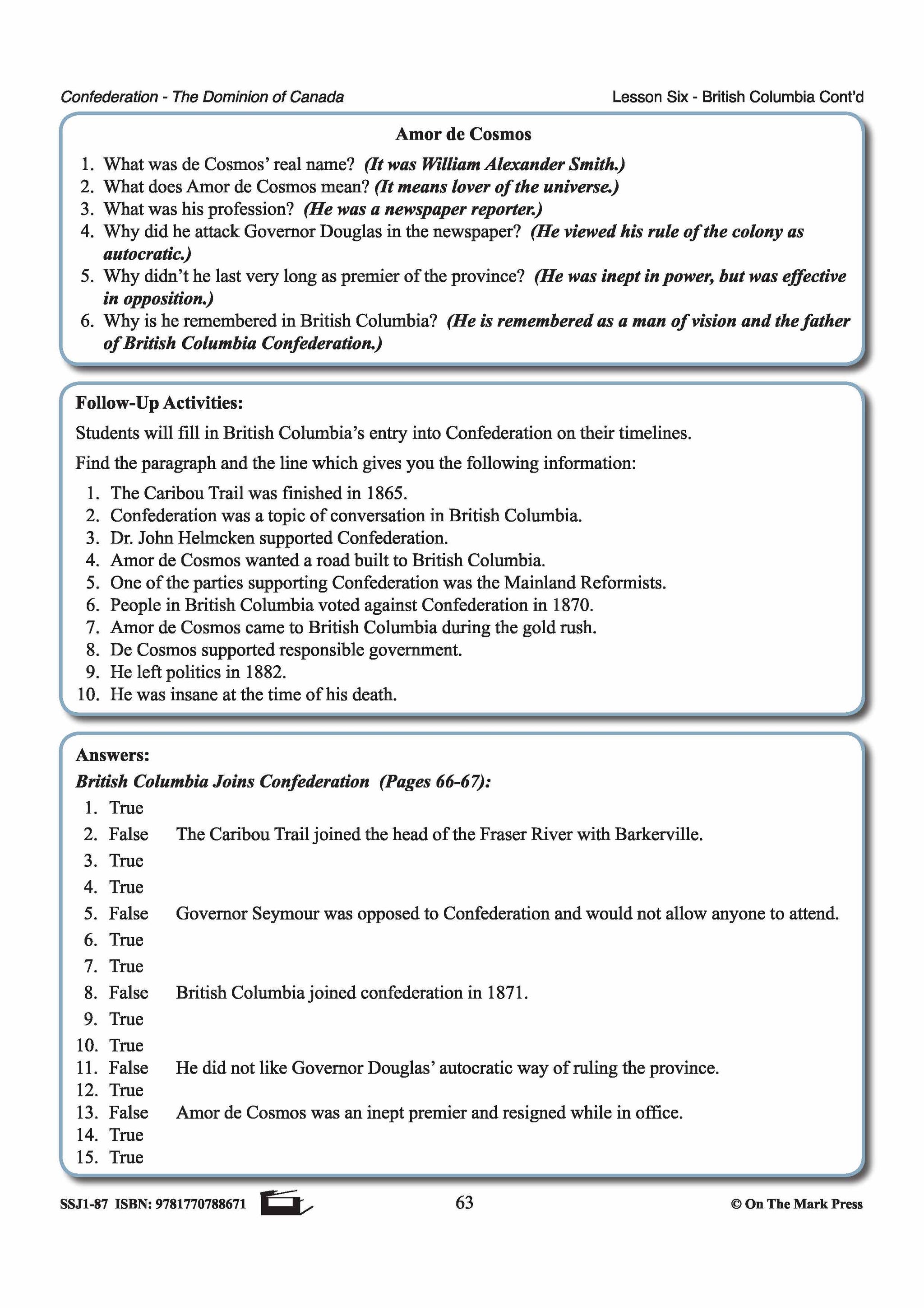 British Columbia Joins Confederation Lesson Grades 7-8