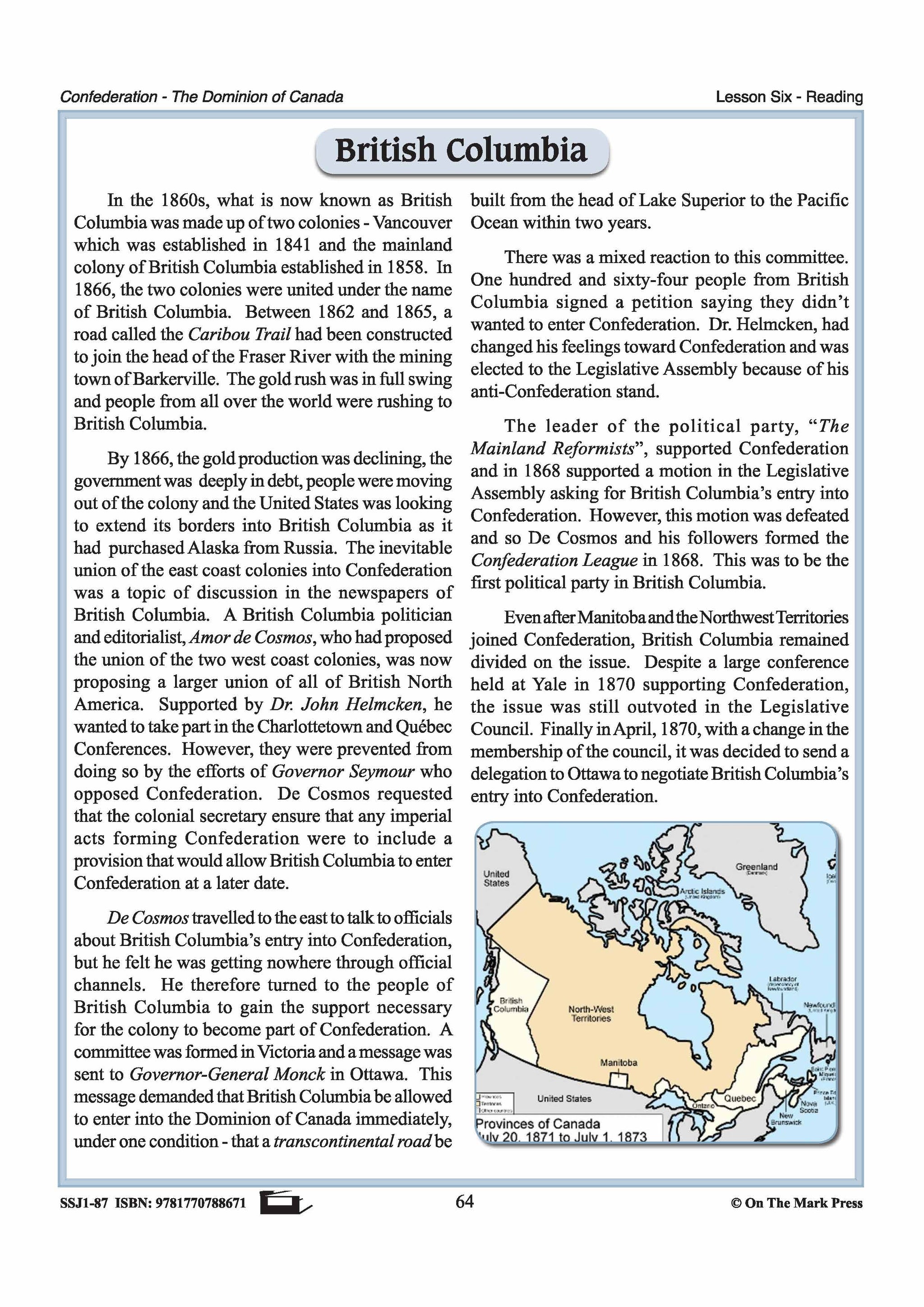 British Columbia Joins Confederation Lesson Grades 7-8