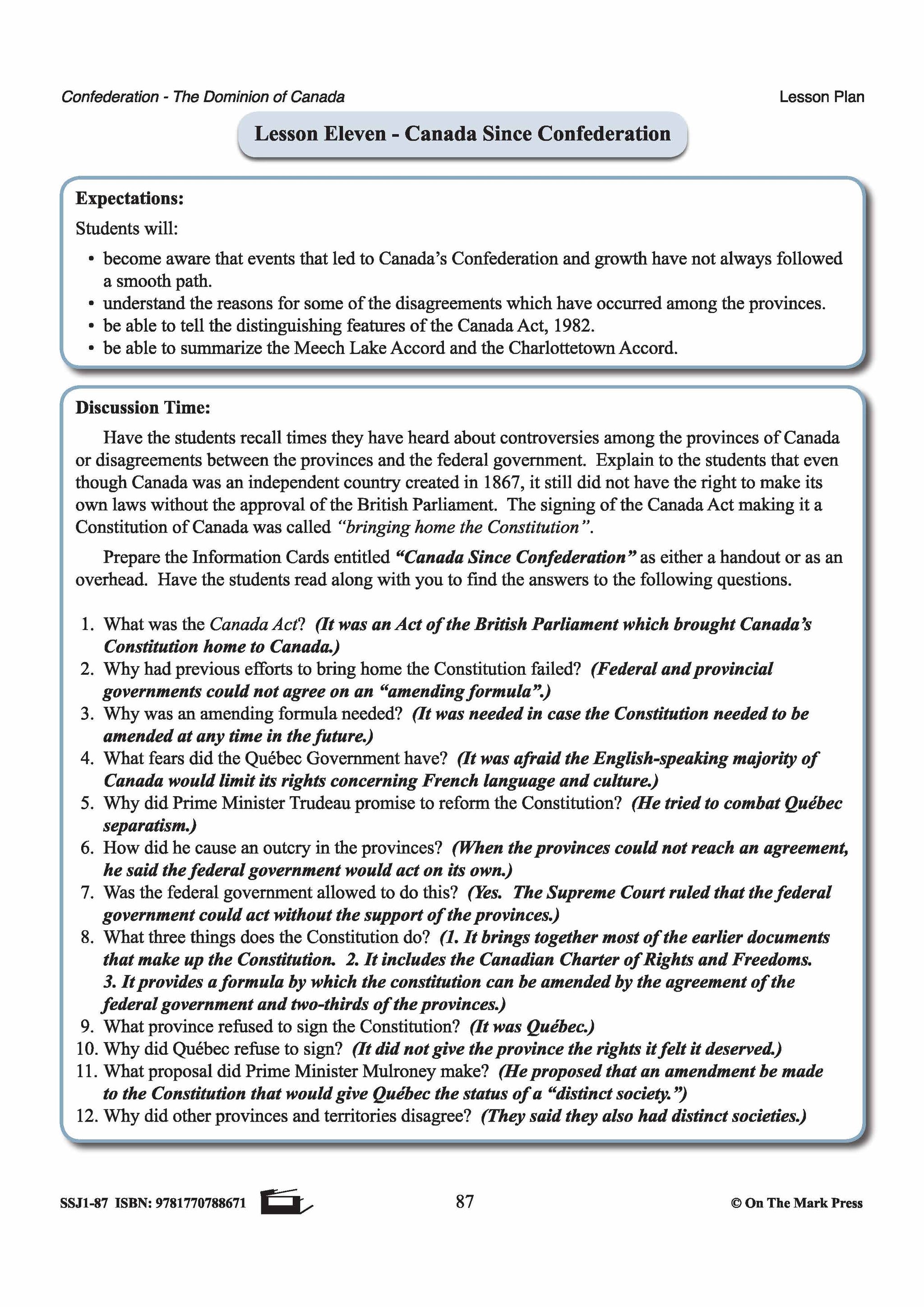 Canada Since Confederation Lesson Grades 7-8
