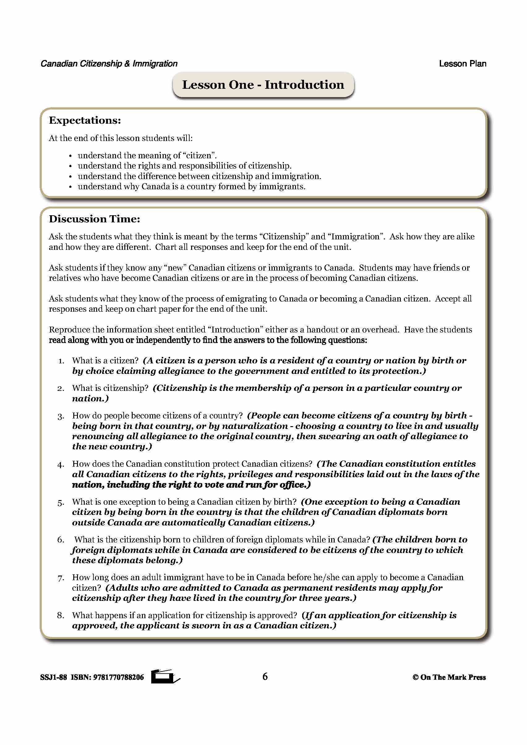 An Introduction To Canadian Citizenship & Immigration Gr. 4-8