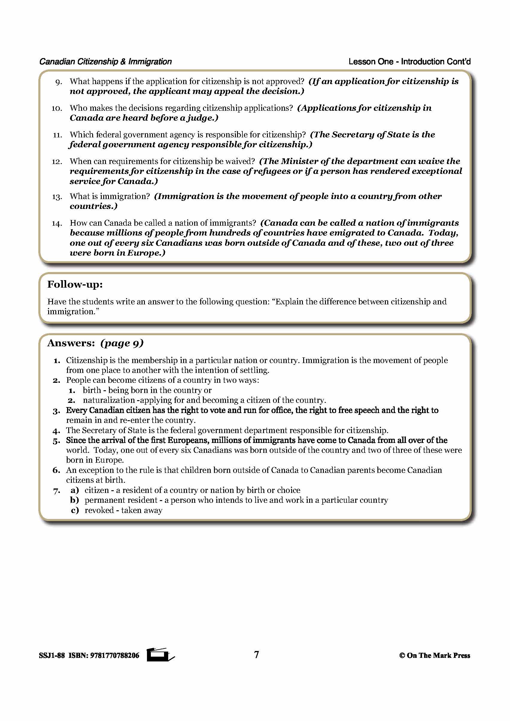 An Introduction To Canadian Citizenship & Immigration Gr. 4-8