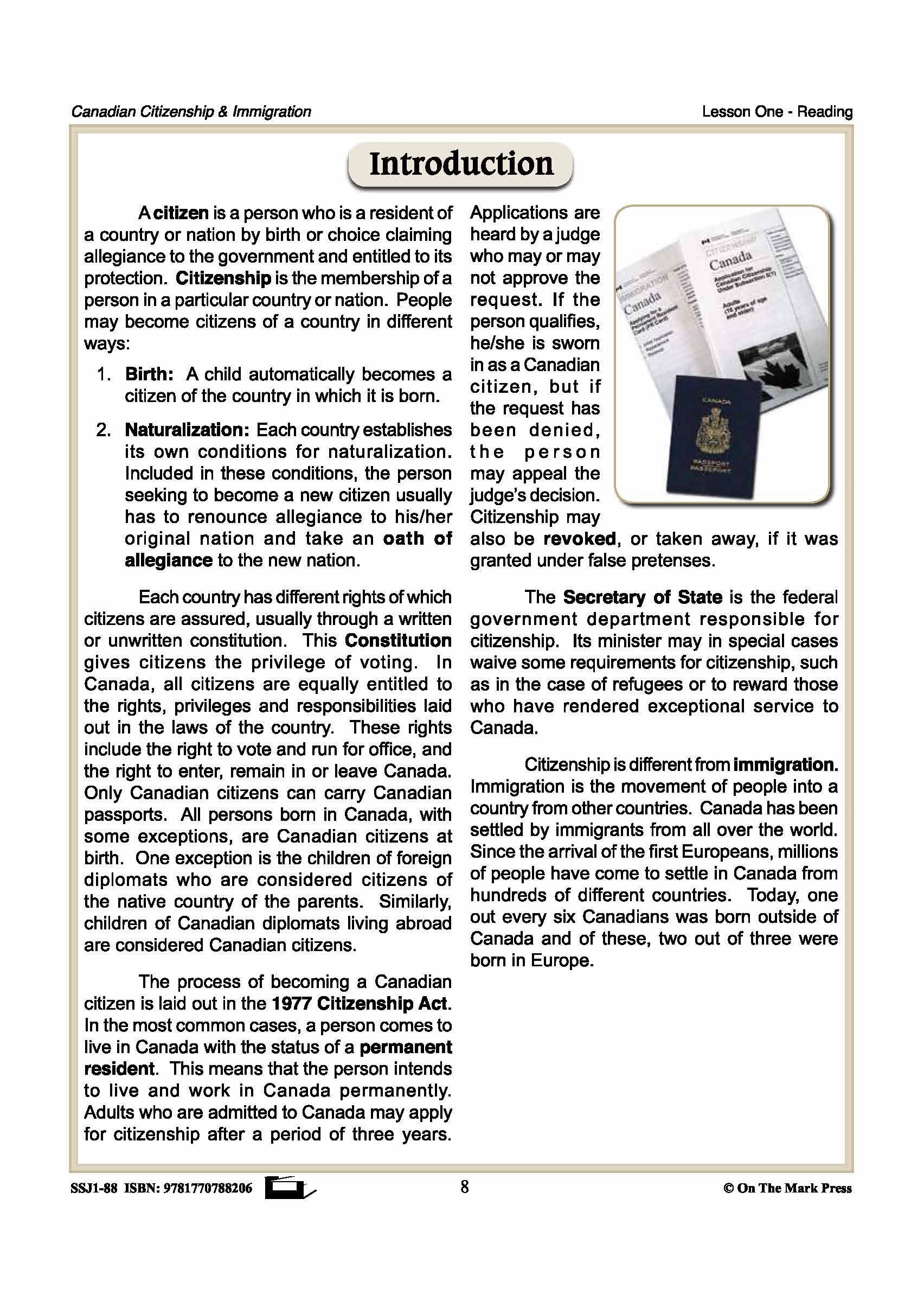 An Introduction To Canadian Citizenship & Immigration Gr. 4-8