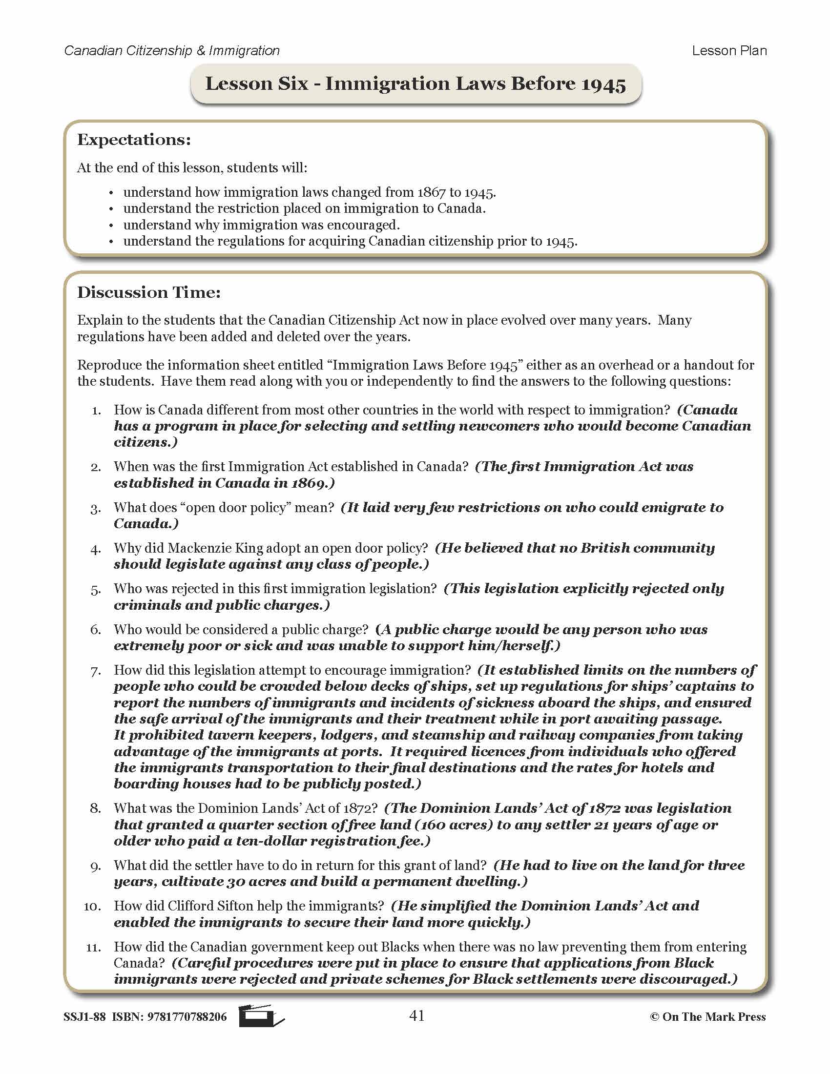 Immigration Laws Before 1945 In Canada Gr. 4-8