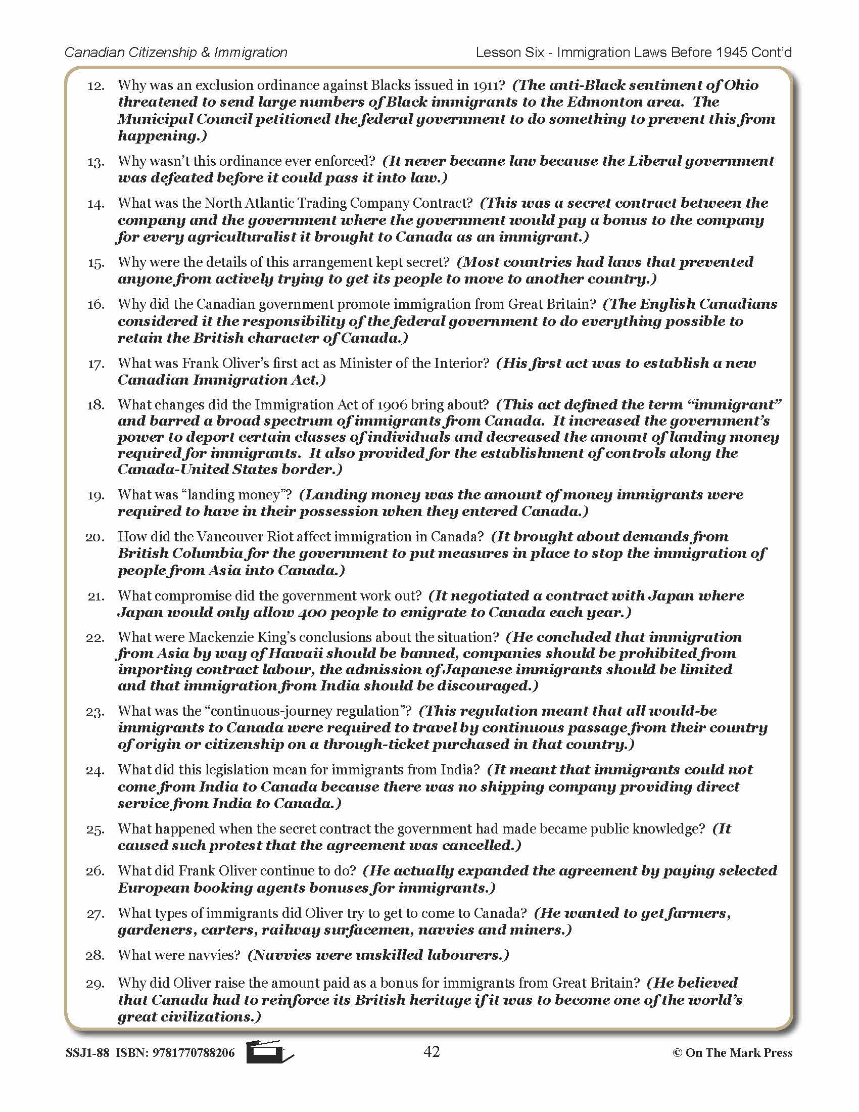 Immigration Laws Before 1945 In Canada Gr. 4-8