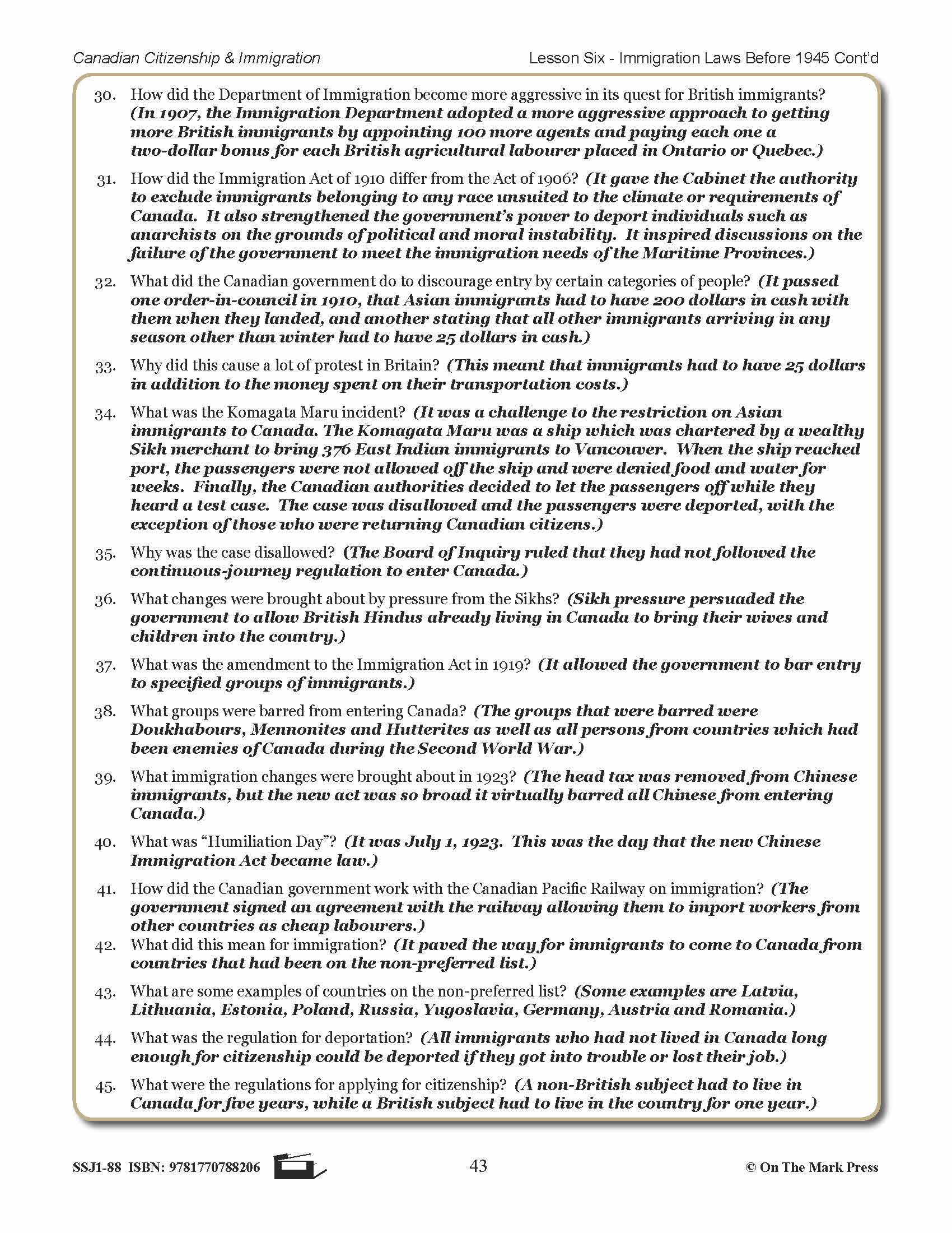 Immigration Laws Before 1945 In Canada Gr. 4-8