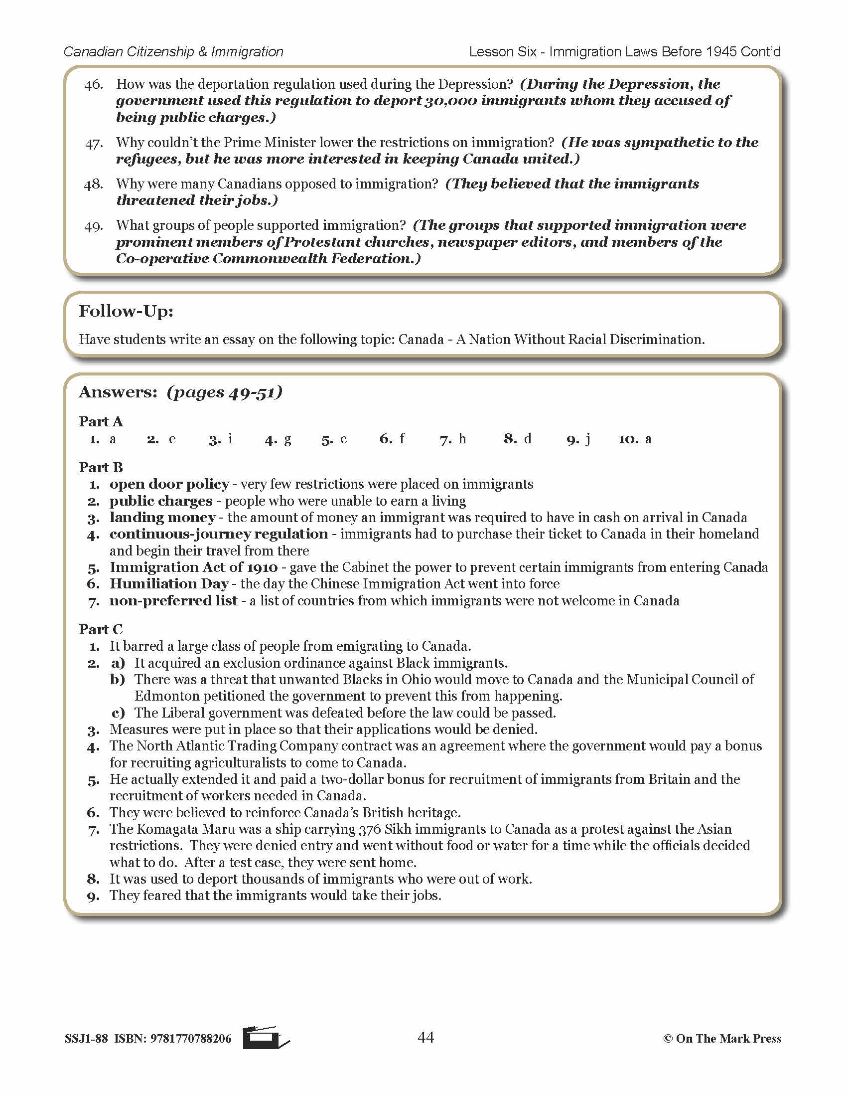 Immigration Laws Before 1945 In Canada Gr. 4-8