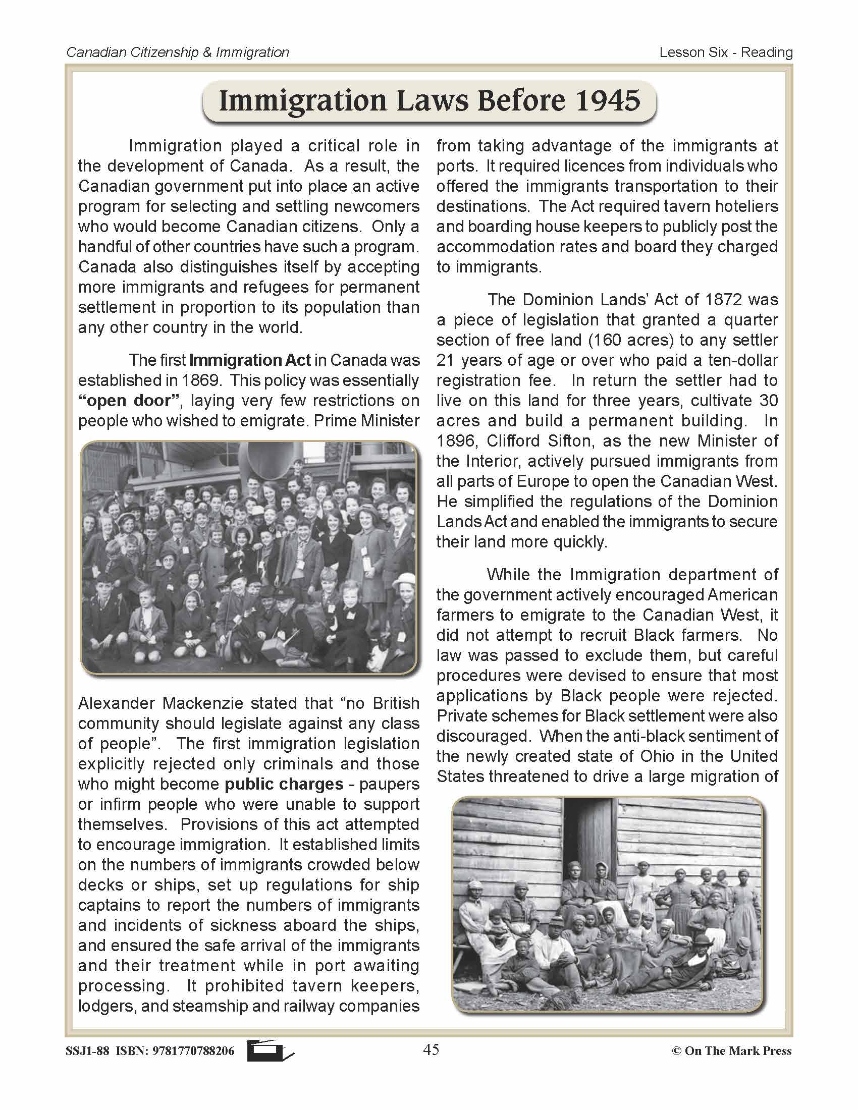 Immigration Laws Before 1945 In Canada Gr. 4-8