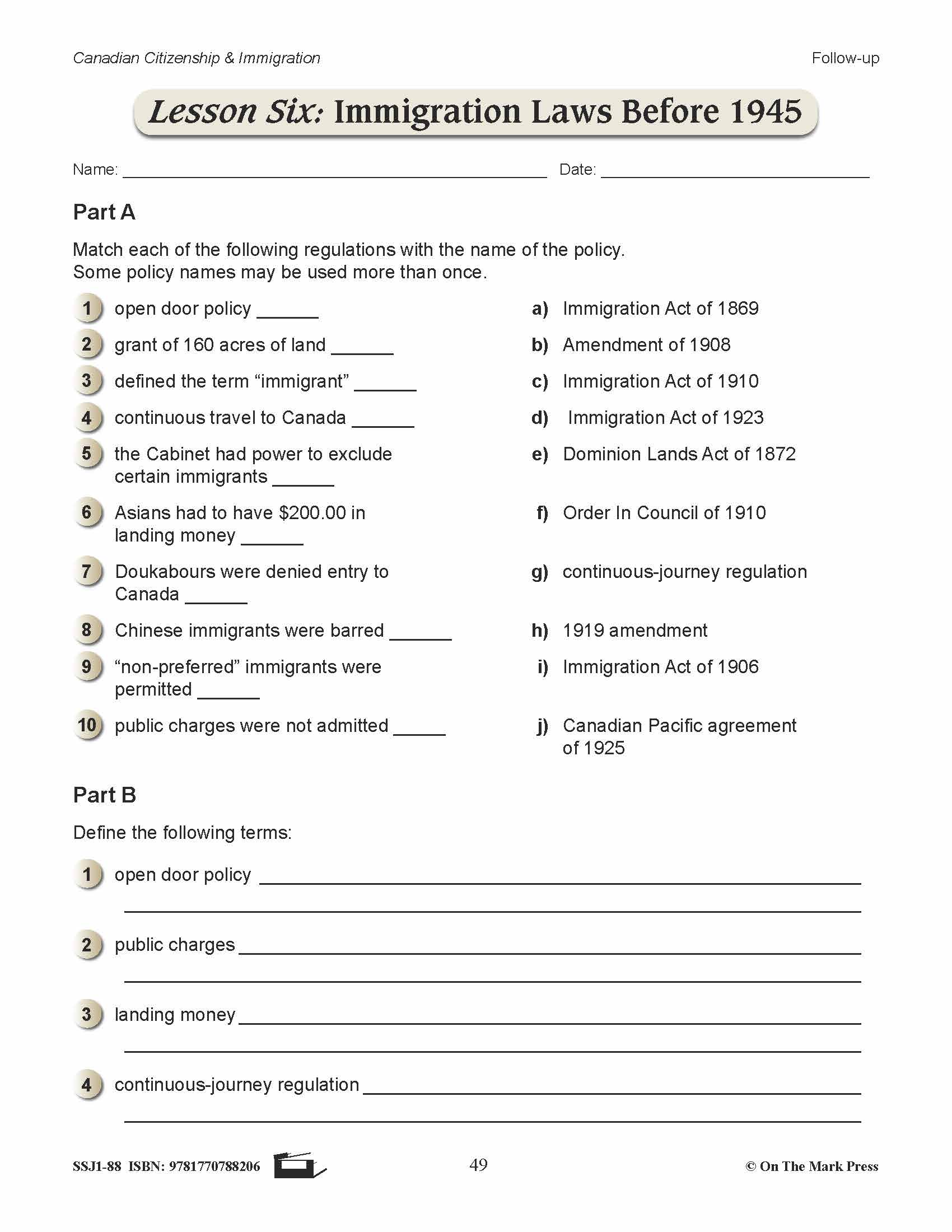 Immigration Laws Before 1945 In Canada Gr. 4-8