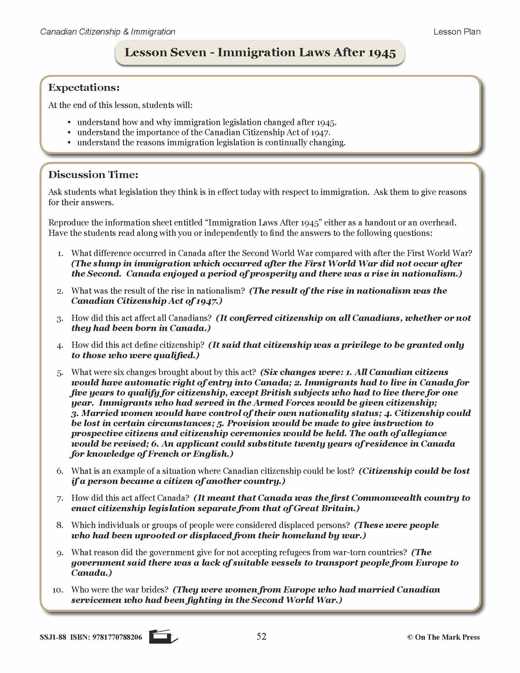 Immigration Laws After 1945 In Canada Gr. 4-8