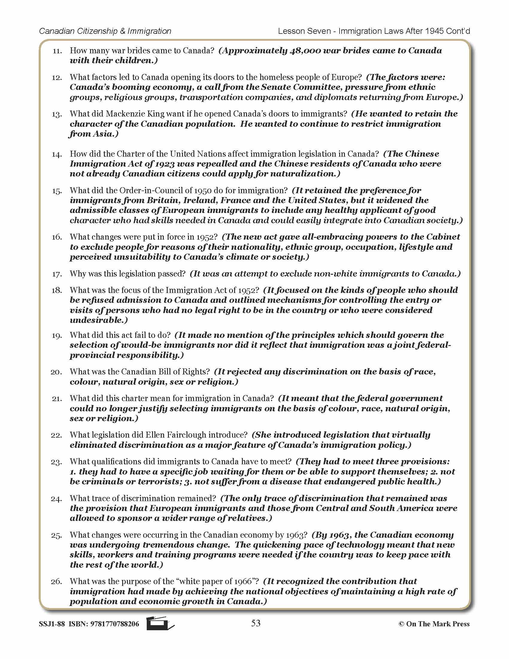 Immigration Laws After 1945 In Canada Gr. 4-8