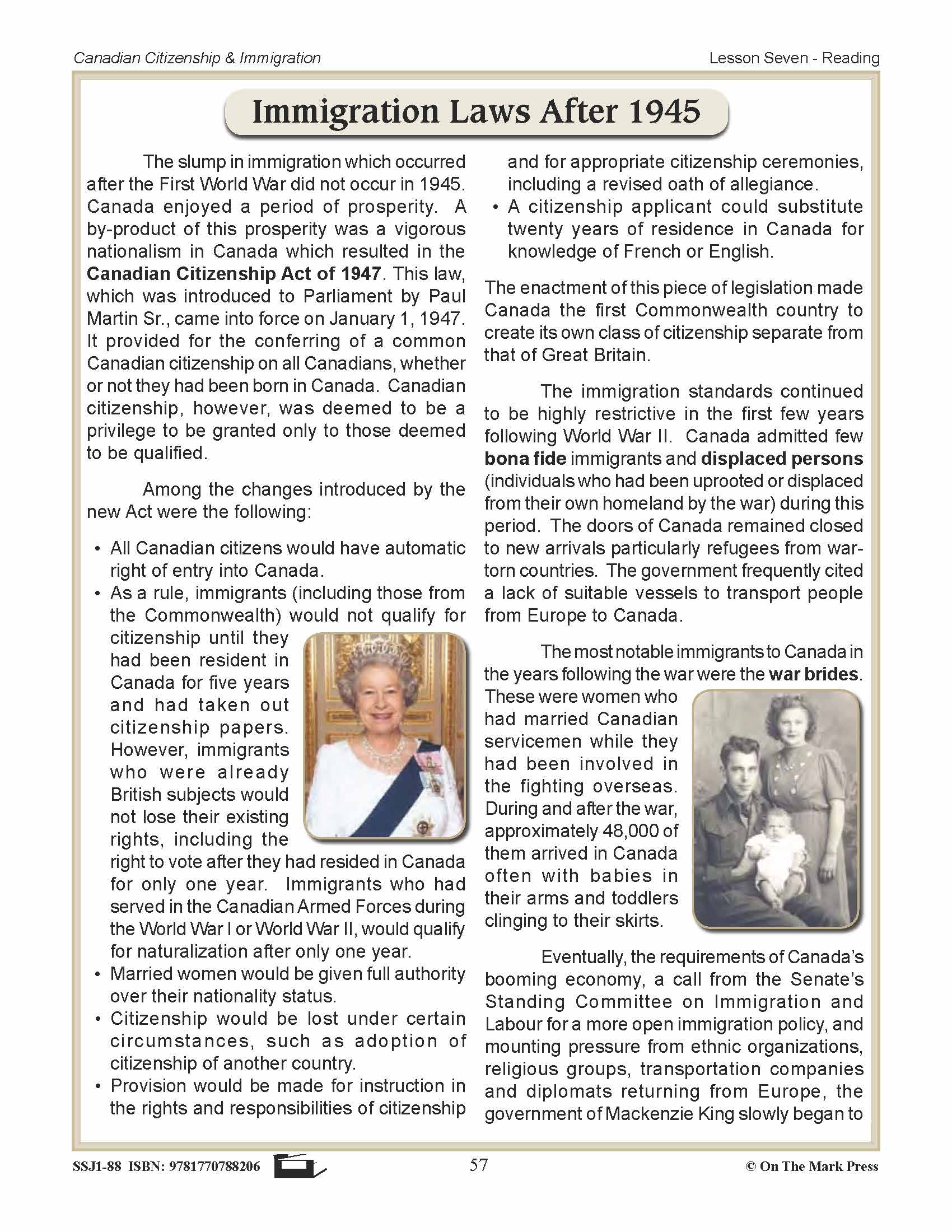 Immigration Laws After 1945 In Canada Gr. 4-8