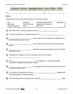 Immigration Laws After 1945 In Canada Gr. 4-8