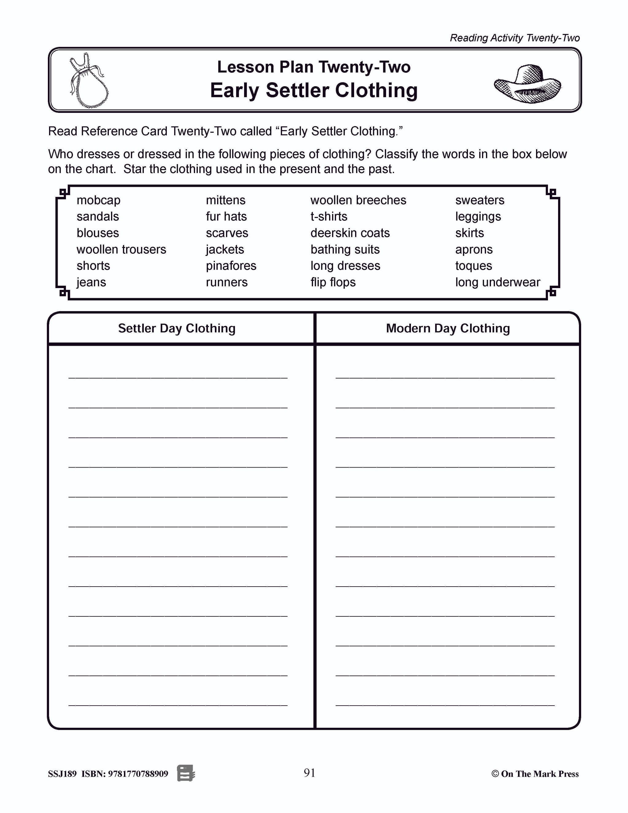 Early Settler Clothing Grades 2-4