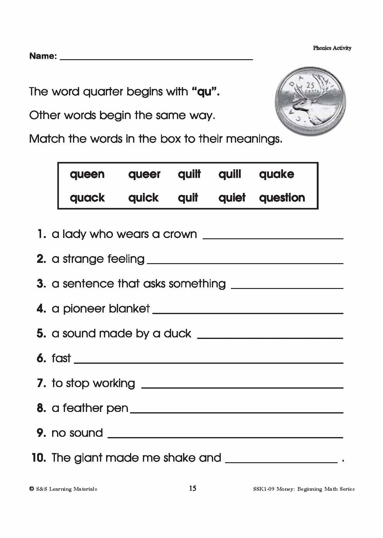 Canadian Money: Phonics Worksheets Grades 1-3