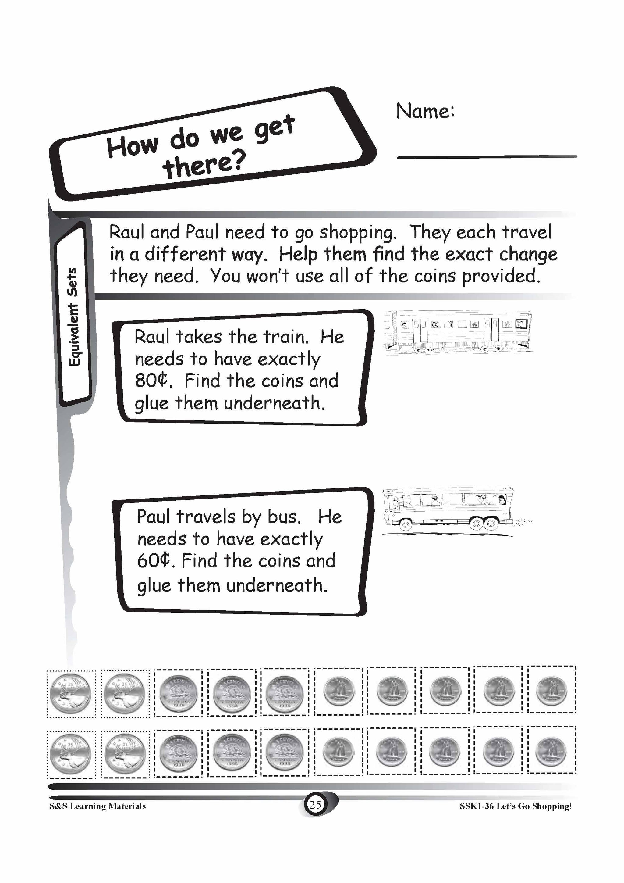 Canadian Money: Equivalent Sets Grades K-3 Worksheets