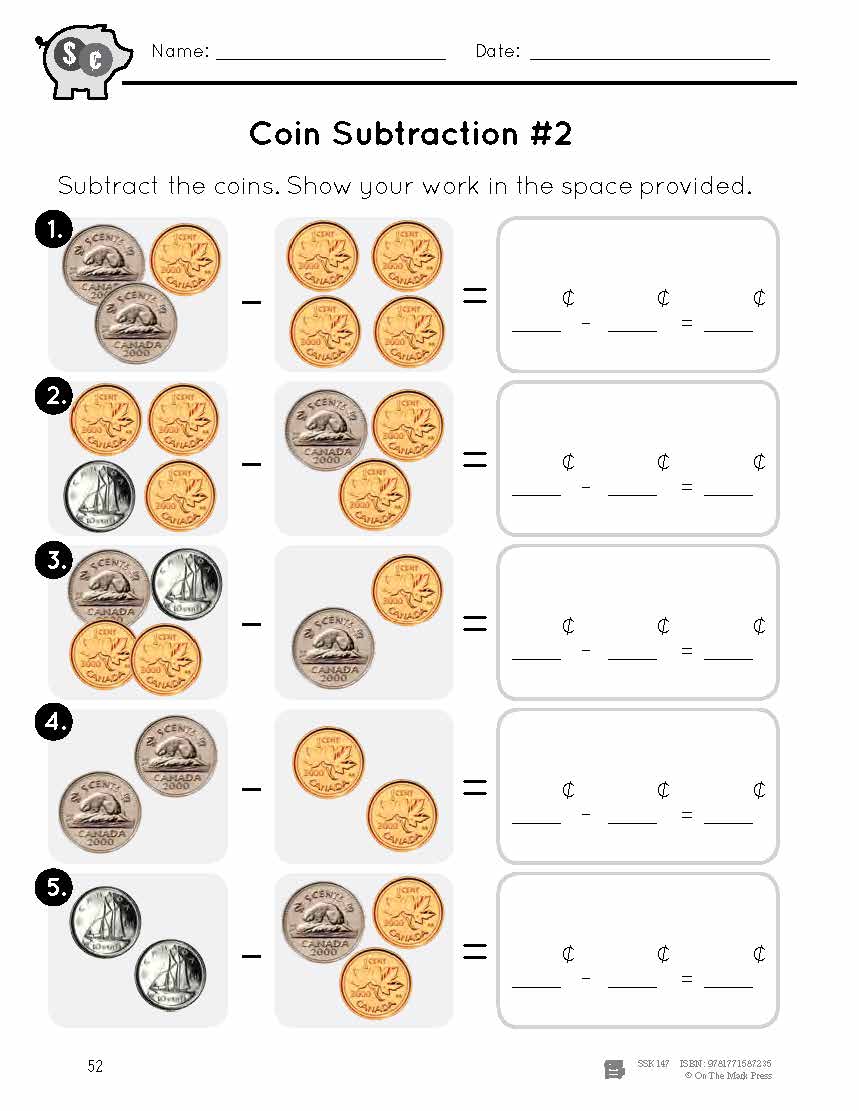 Canadian Money - Coin Subtraction Grades 1-2