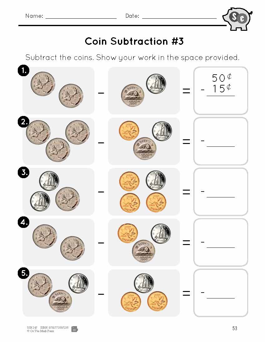 Canadian Money - Coin Subtraction Grades 1-2