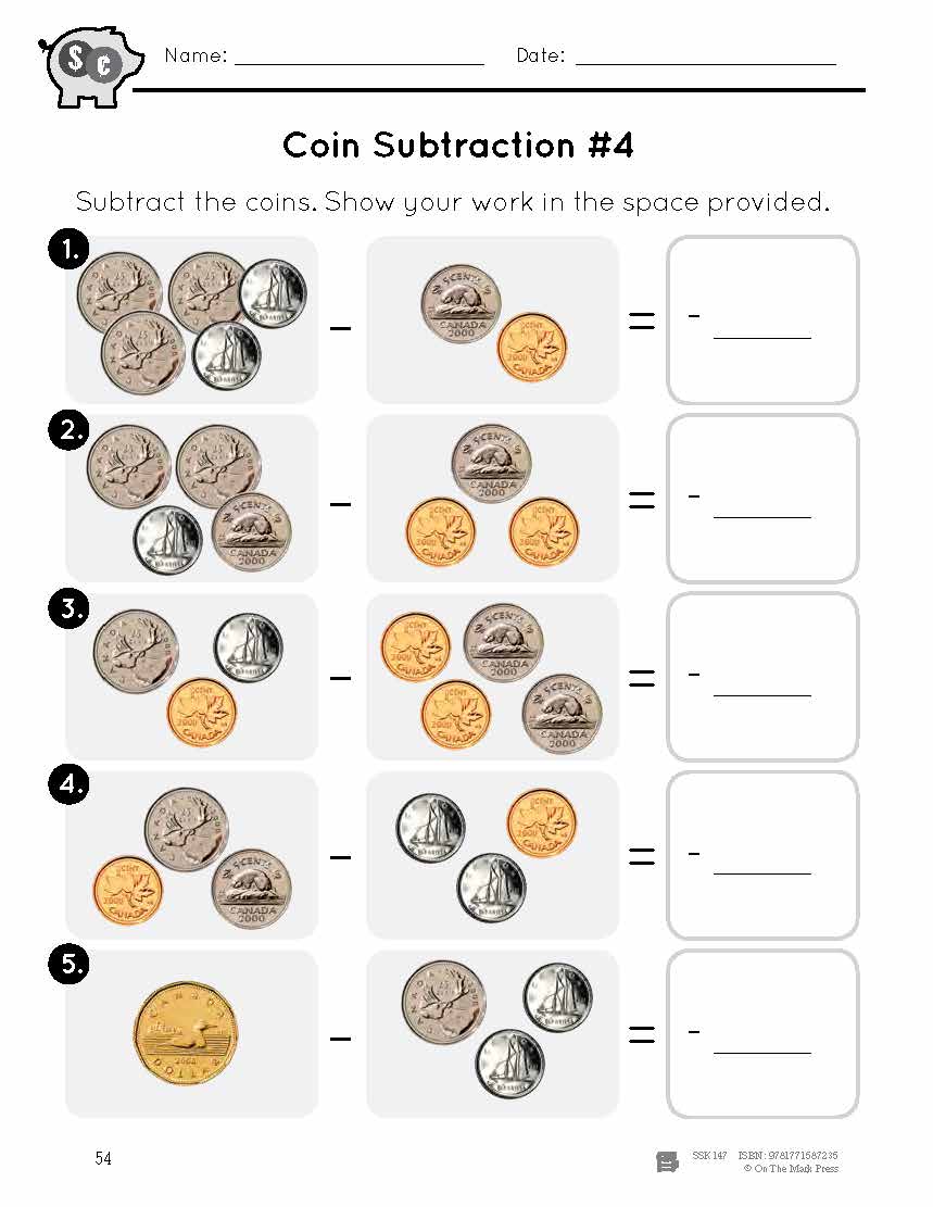 Canadian Money - Coin Subtraction Grades 1-2