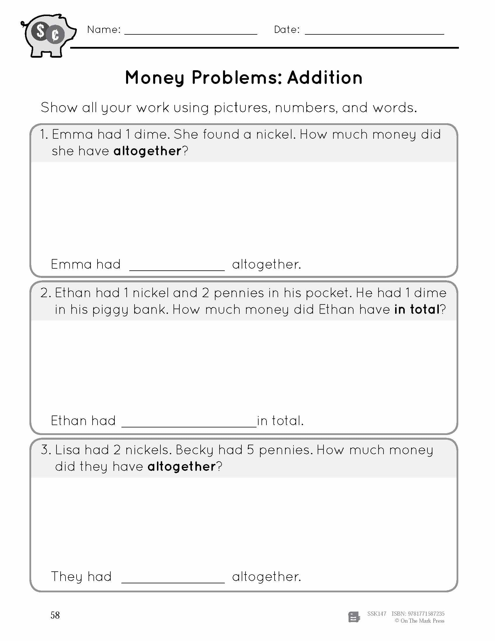Canadian Money - Word Problems Grades 1-2