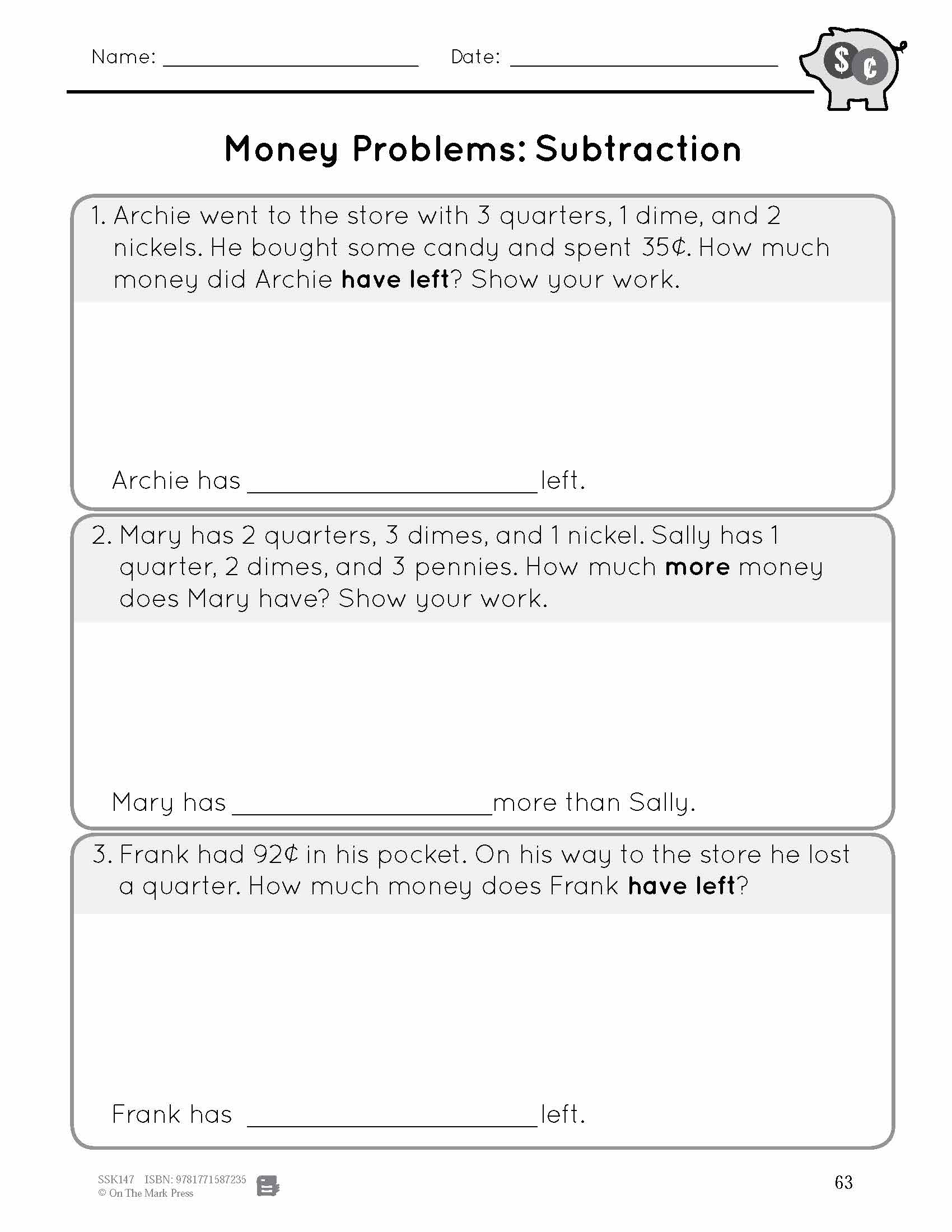 Canadian Money - Word Problems Grades 1-2