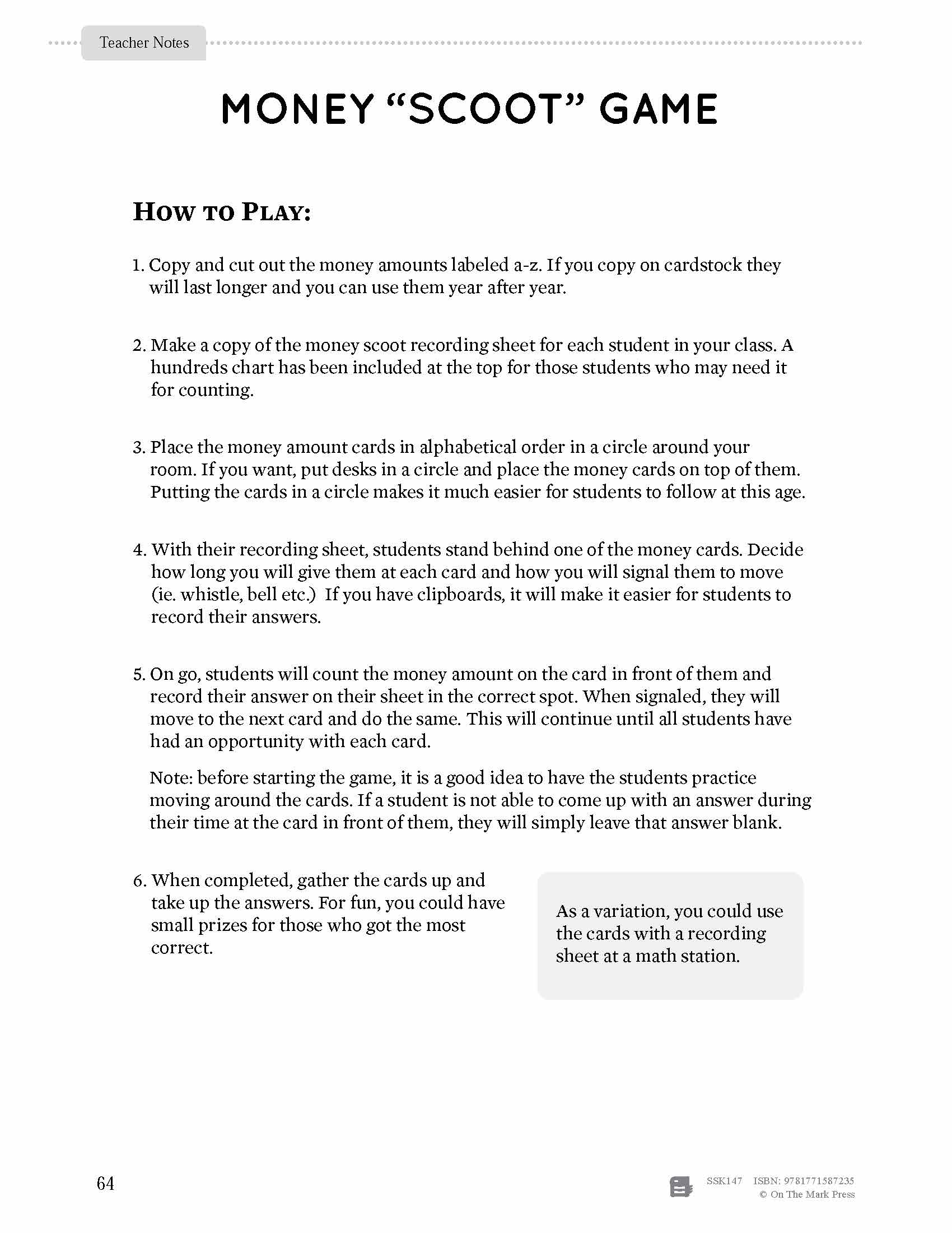 Canadian Money - "Scoot" Game Grades 1-2