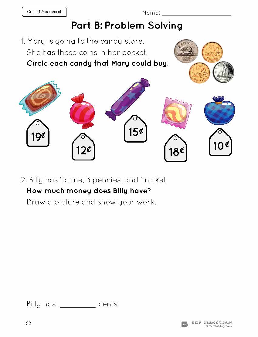 Canadian Money Grade 1 Assessment