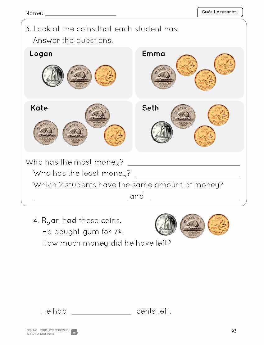 Canadian Money Grade 1 Assessment