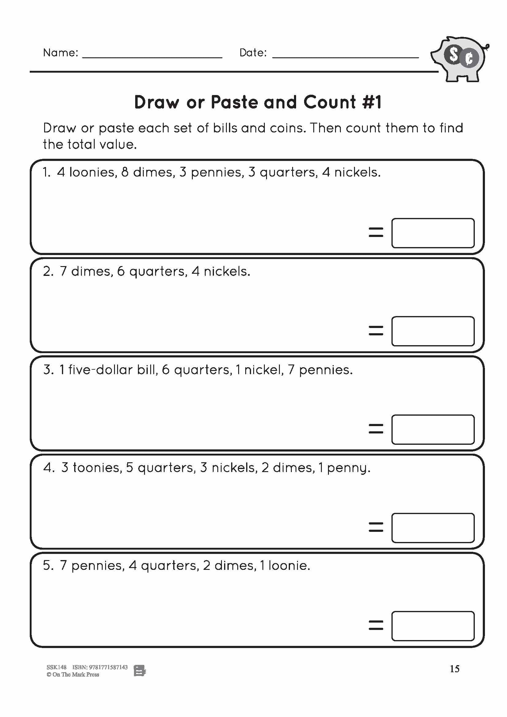 Canadian Money: Draw or Paste & Count Grades 3-4 Worksheets & Money Masters