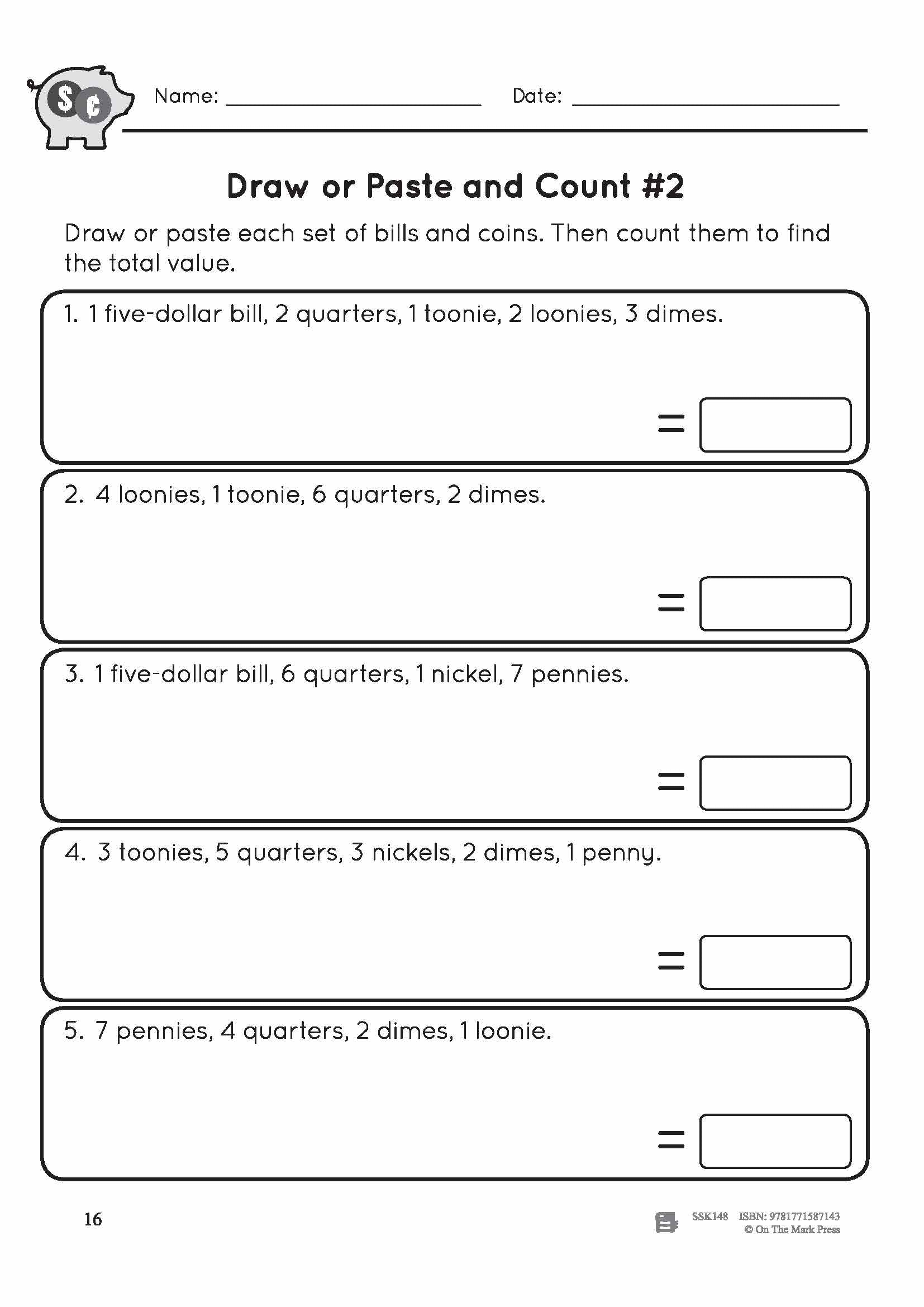 Canadian Money: Draw or Paste & Count Grades 3-4 Worksheets & Money Masters