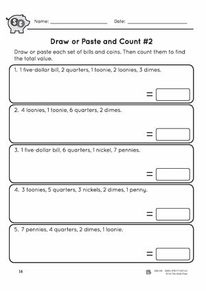 Canadian Money: Draw or Paste & Count Grades 3-4 Worksheets & Money Masters