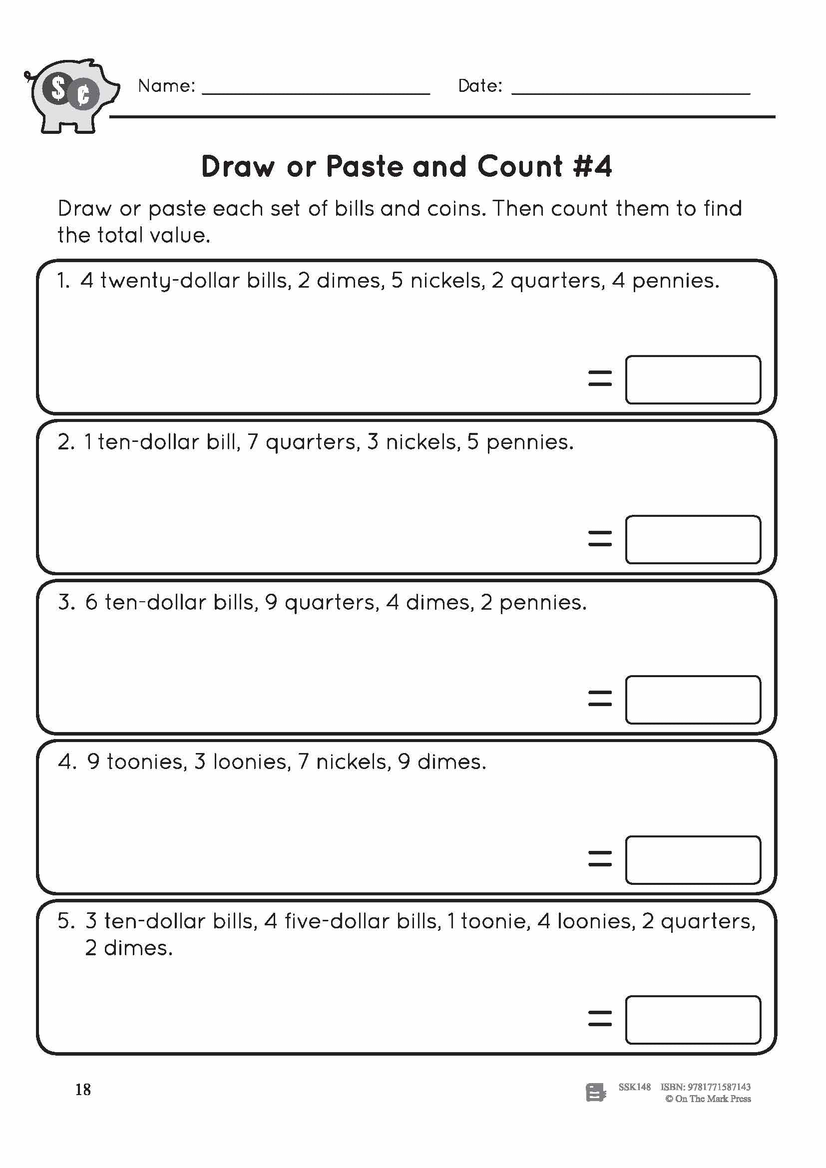 Canadian Money: Draw or Paste & Count Grades 3-4 Worksheets & Money Masters