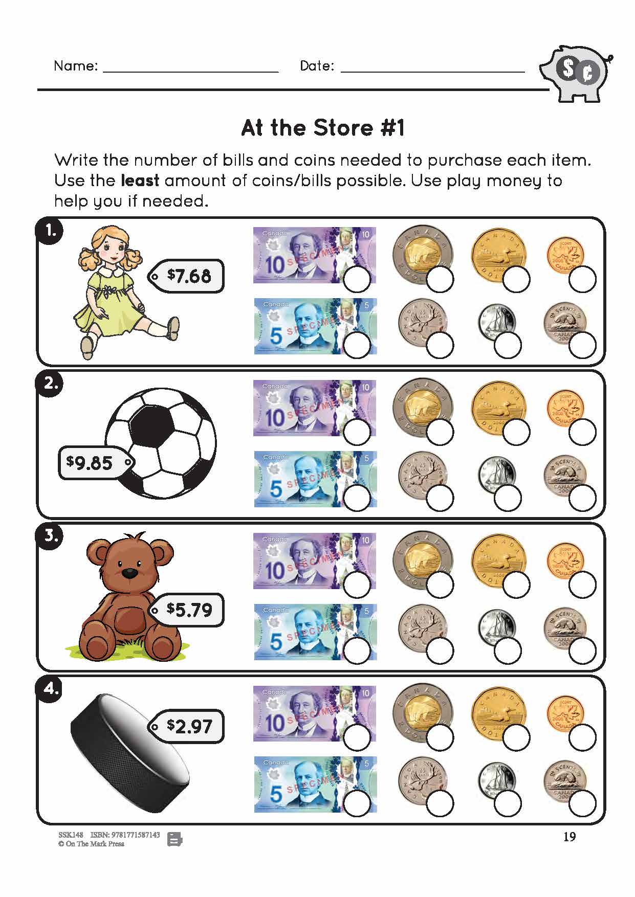 Canadian Money: At the Store Grades 3-4: 4 Worksheets & Money Masters