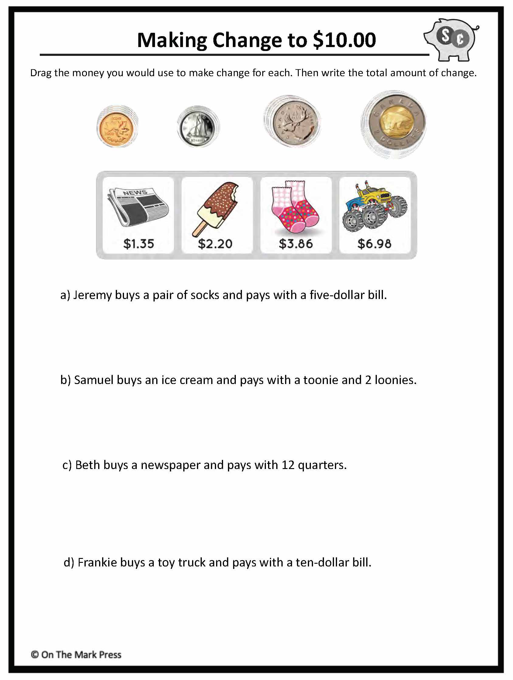 Making Change to $10 with Canadian Money - 4 Worksheets Grades 3-4