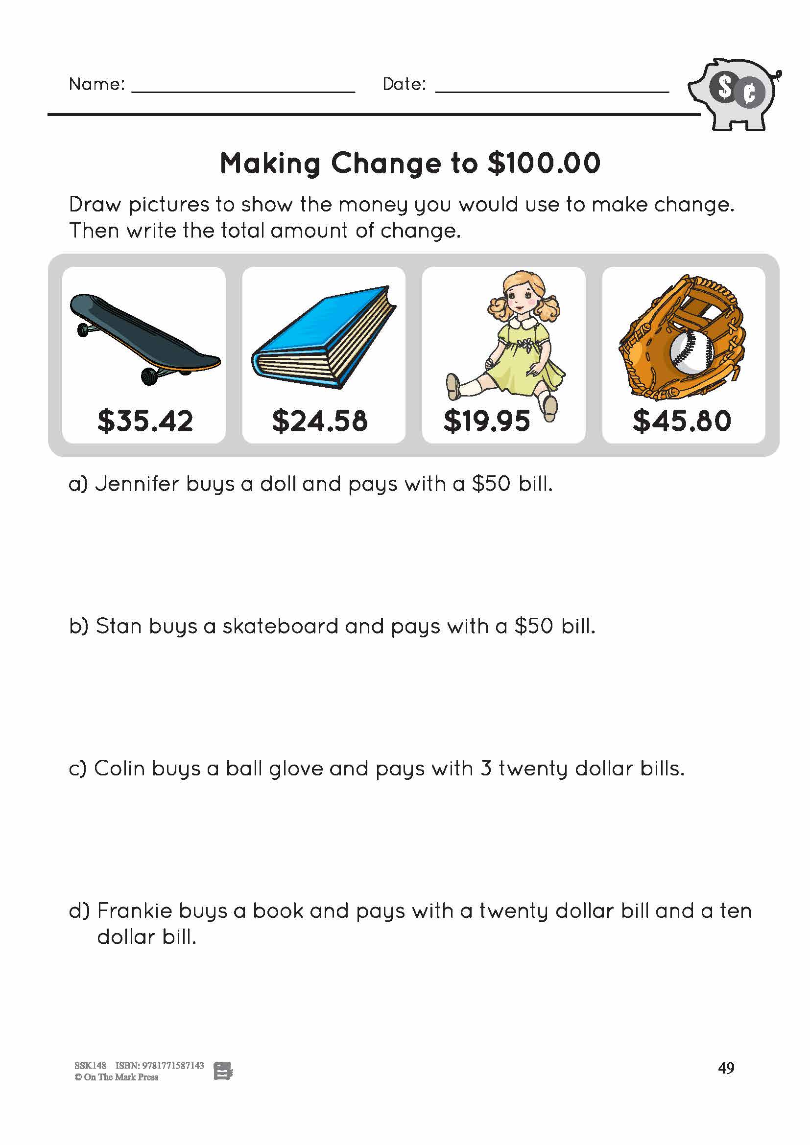 Making Change to $100 with Canadian Money - 3 Worksheets Grades 3-4