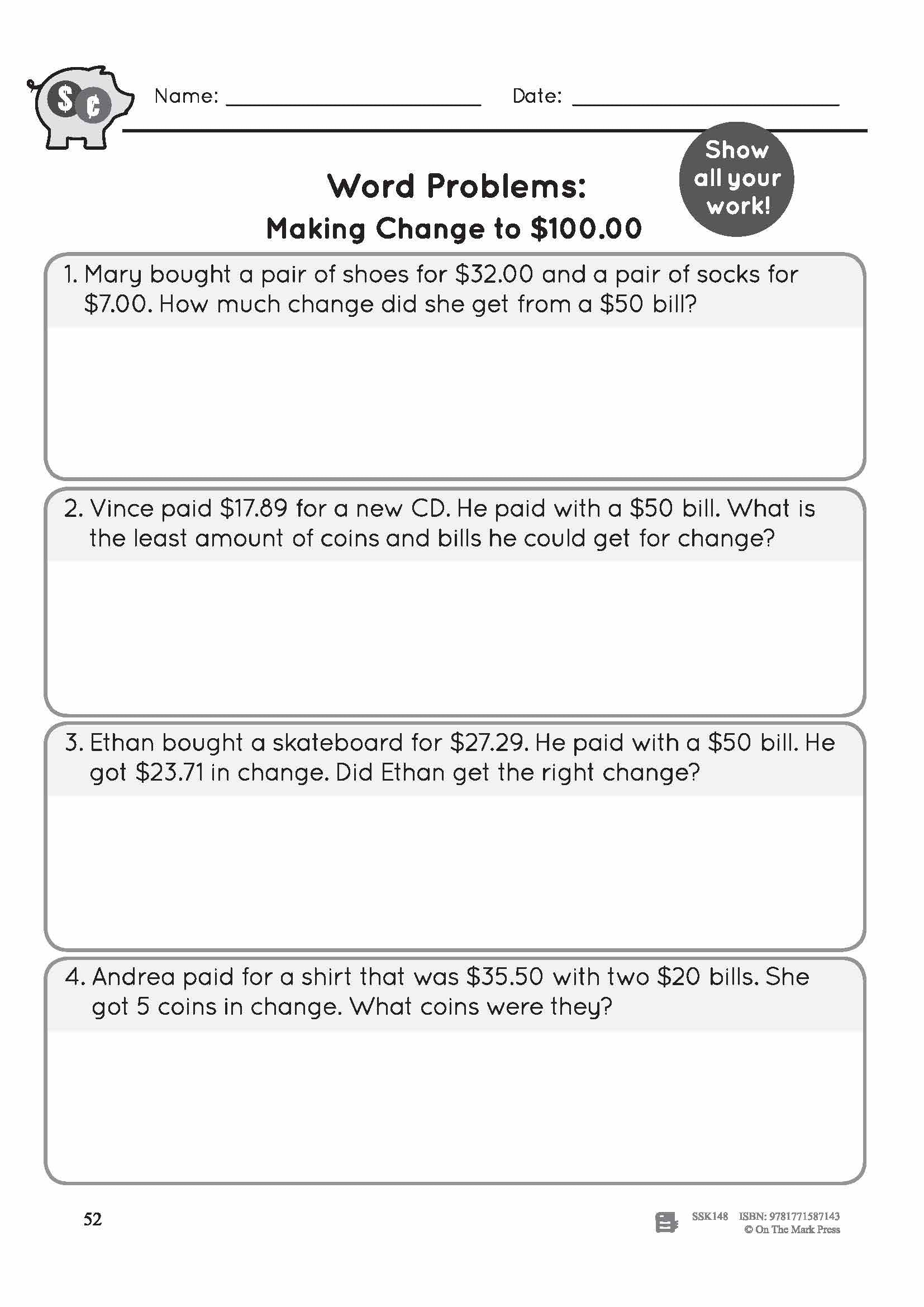 Making Change to $100 with Canadian Money - 3 Worksheets Grades 3-4