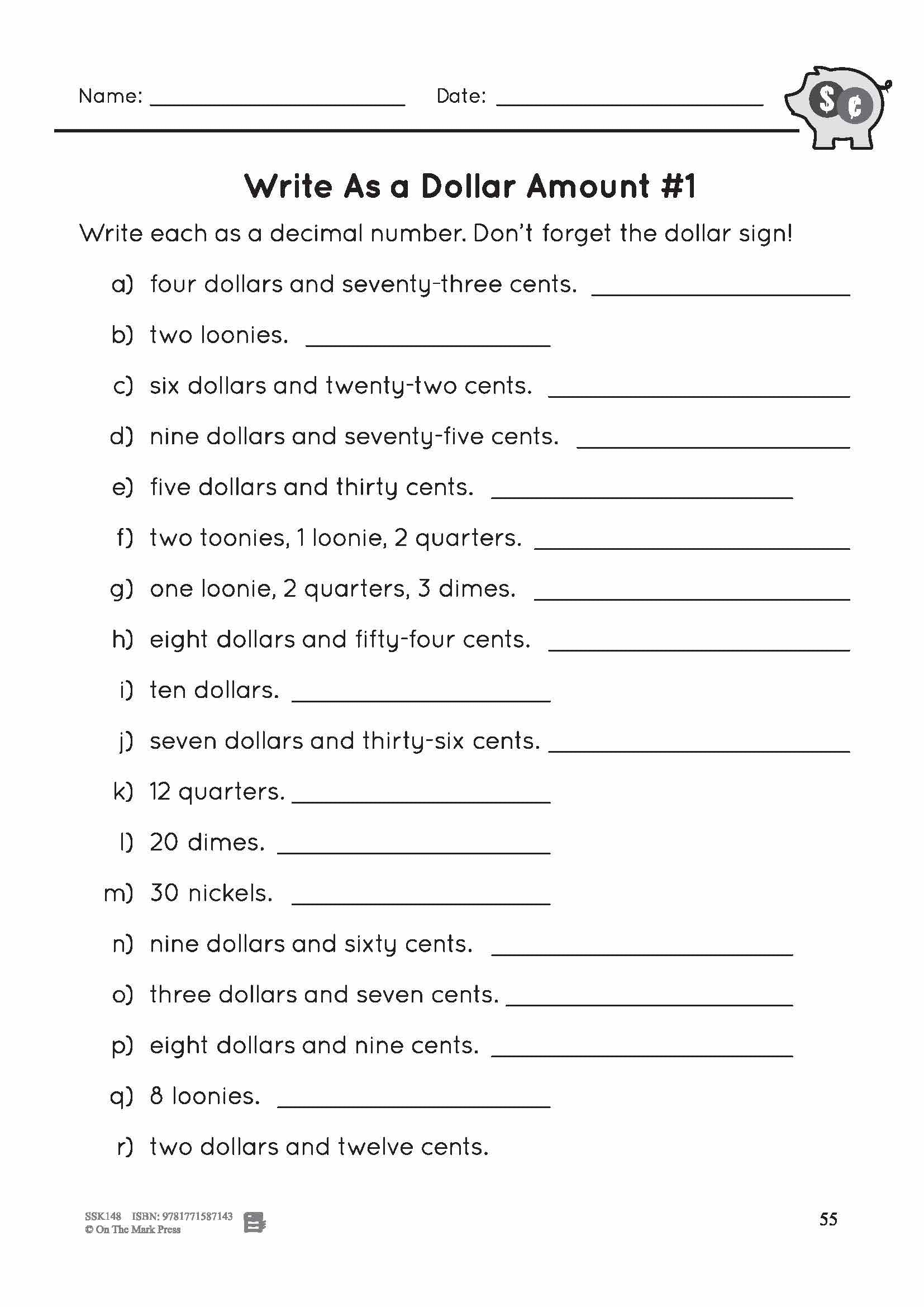 Canadian Money: Write as a Dollar Amount - 2 Worksheets Grades 3-4