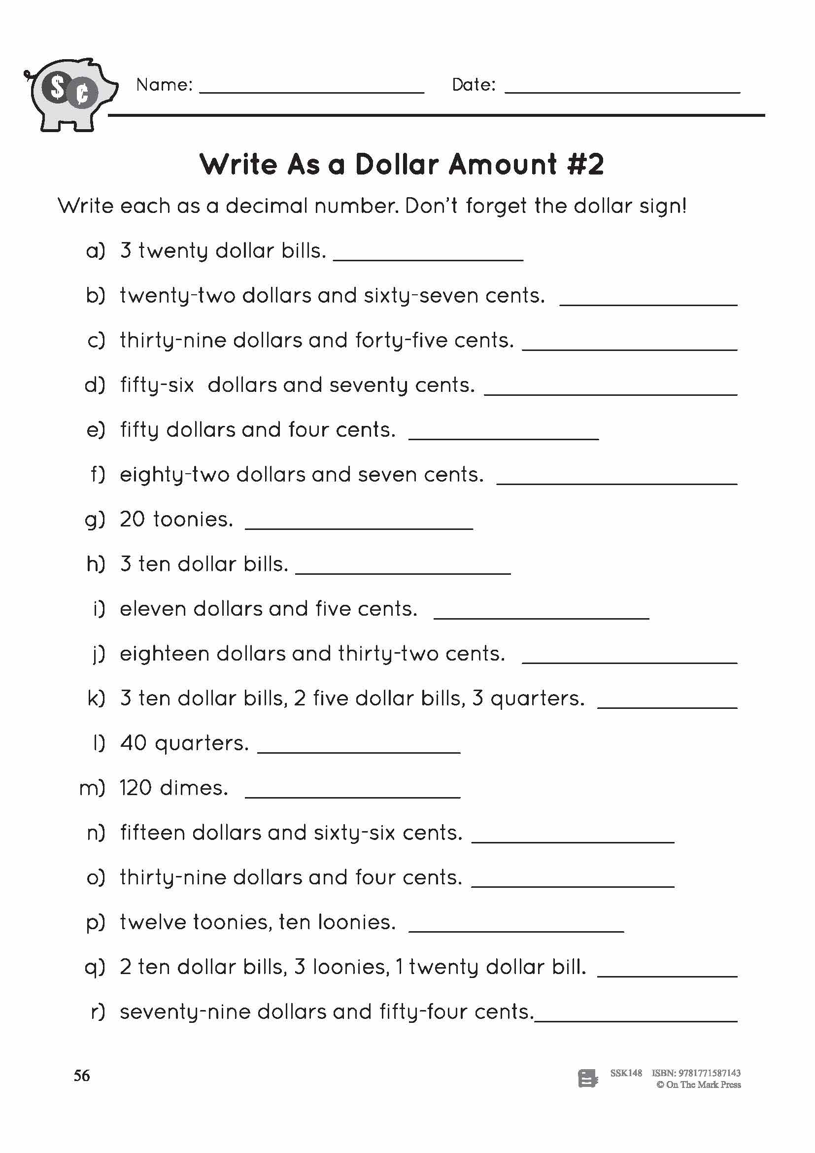 Canadian Money: Write as a Dollar Amount - 2 Worksheets Grades 3-4