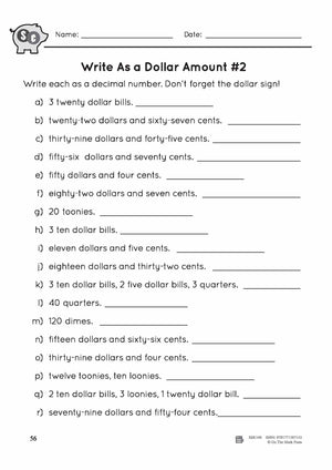 Canadian Money: Write as a Dollar Amount - 2 Worksheets Grades 3-4