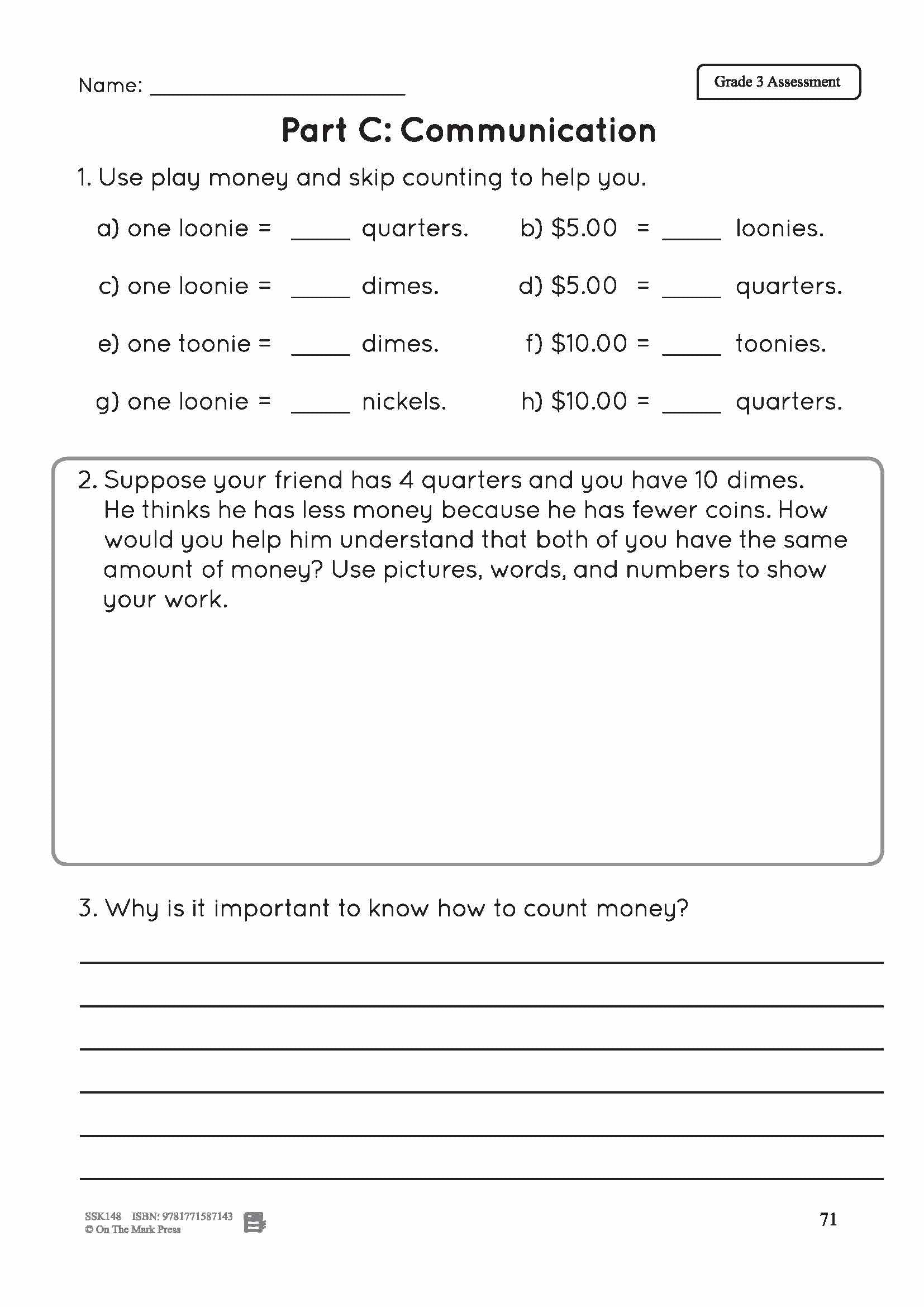 Canadian Money Grade 3 Assessment Activities