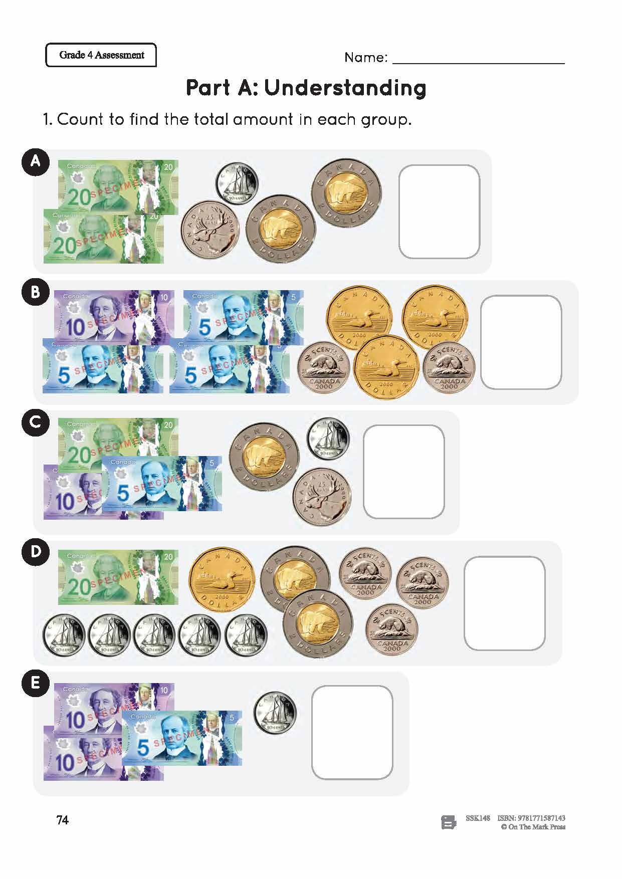 Canadian Money Grade 4 Assessment Activities