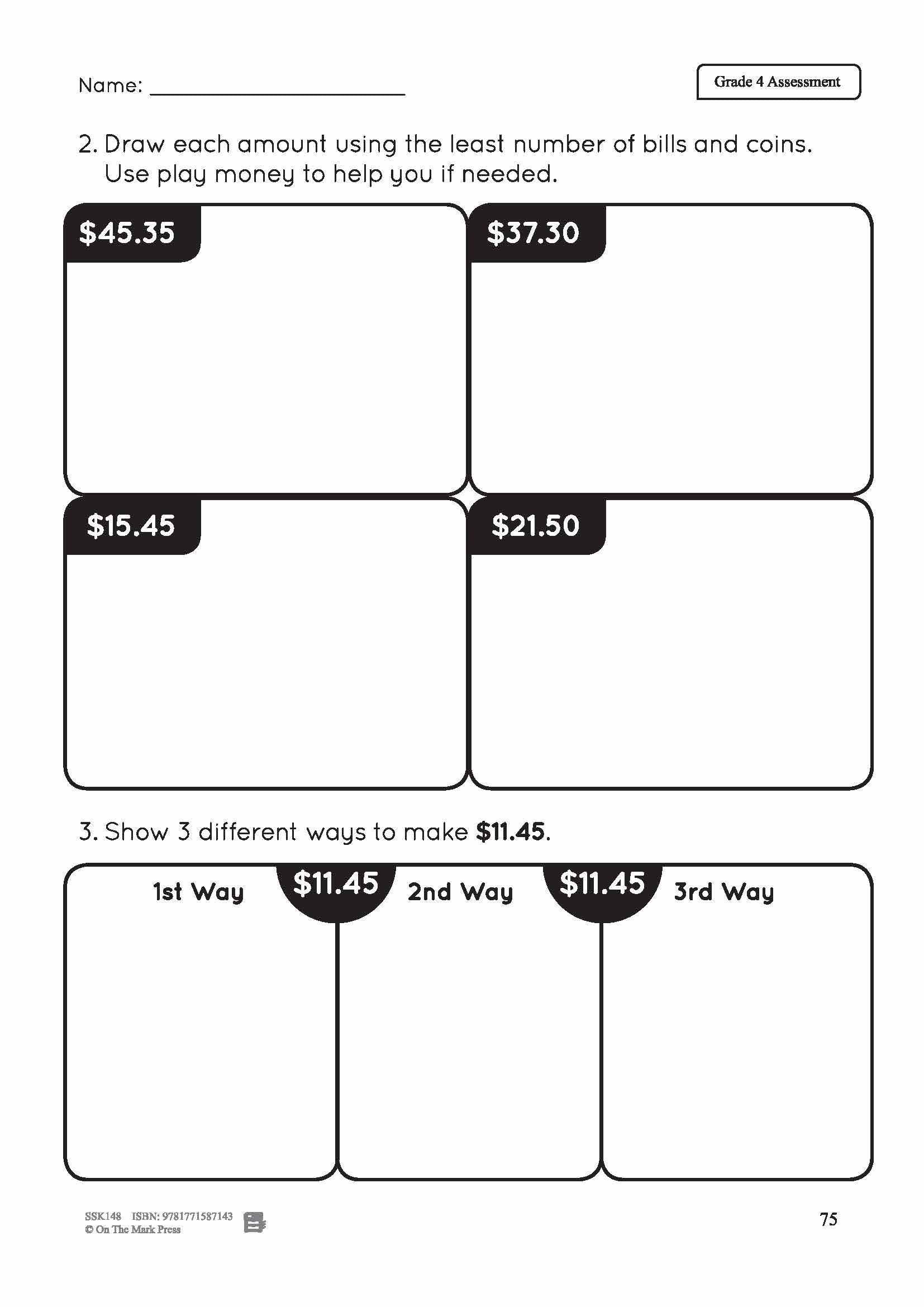 Canadian Money Grade 4 Assessment Activities