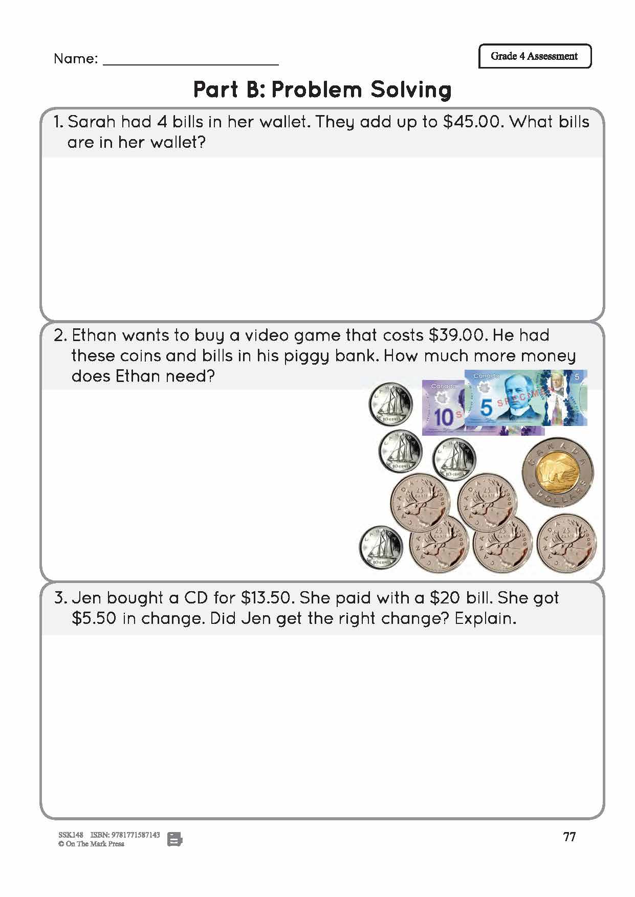 Canadian Money Grade 4 Assessment Activities