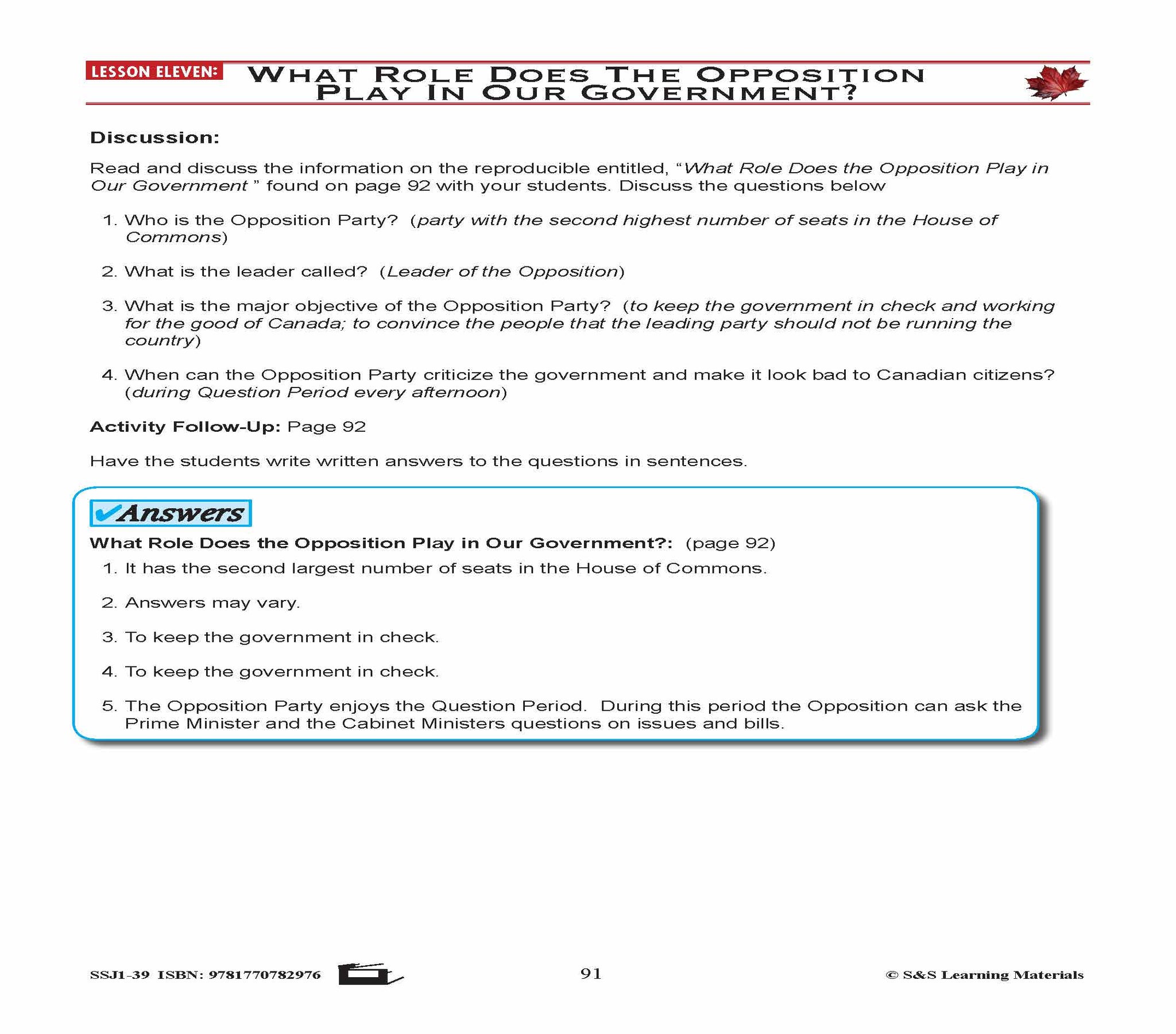Canadian Government Lesson: What Role Does the Oppositon in our Government? Grades 5+