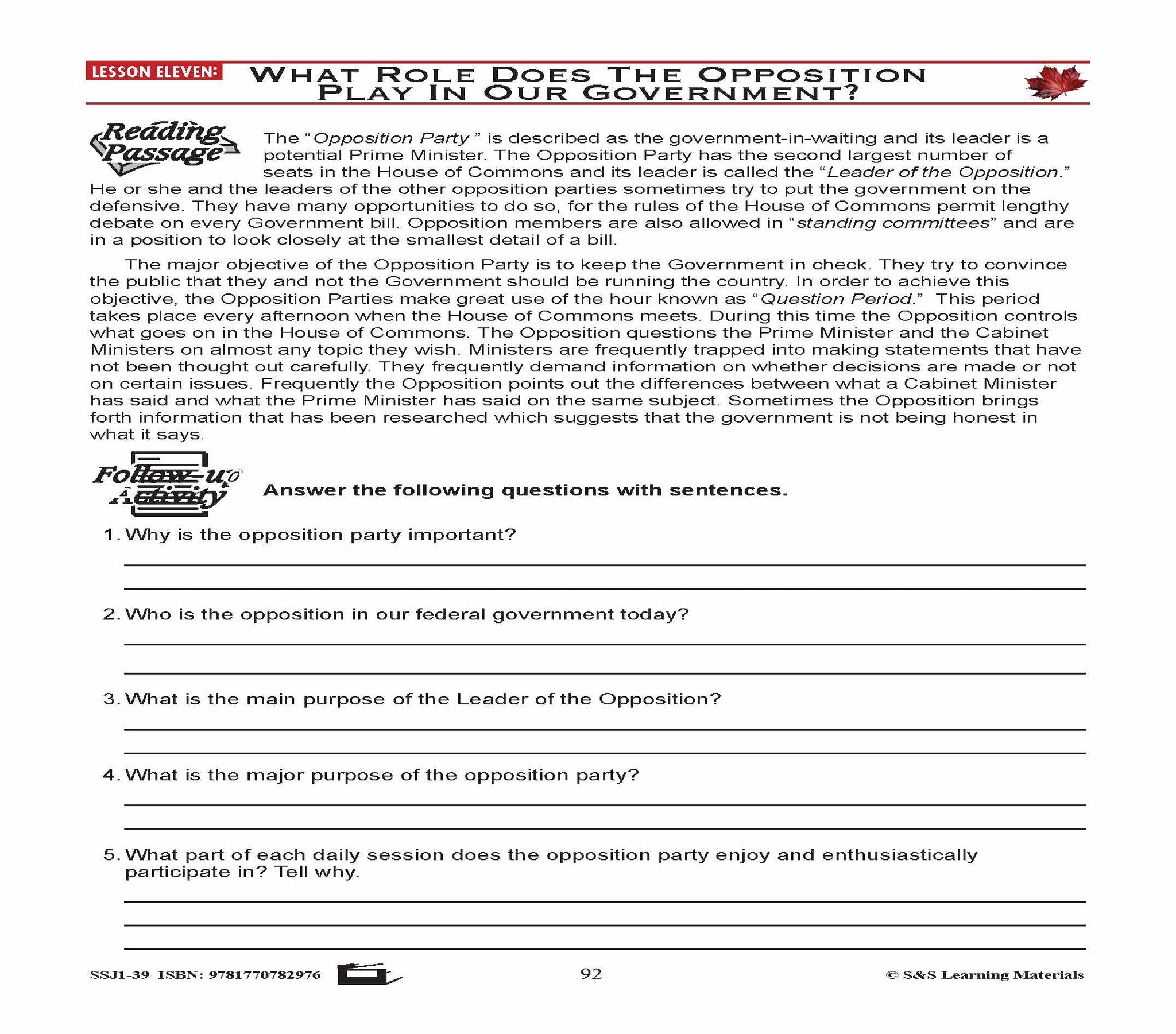 Canadian Government Lesson: What Role Does the Oppositon in our Government? Grades 5+